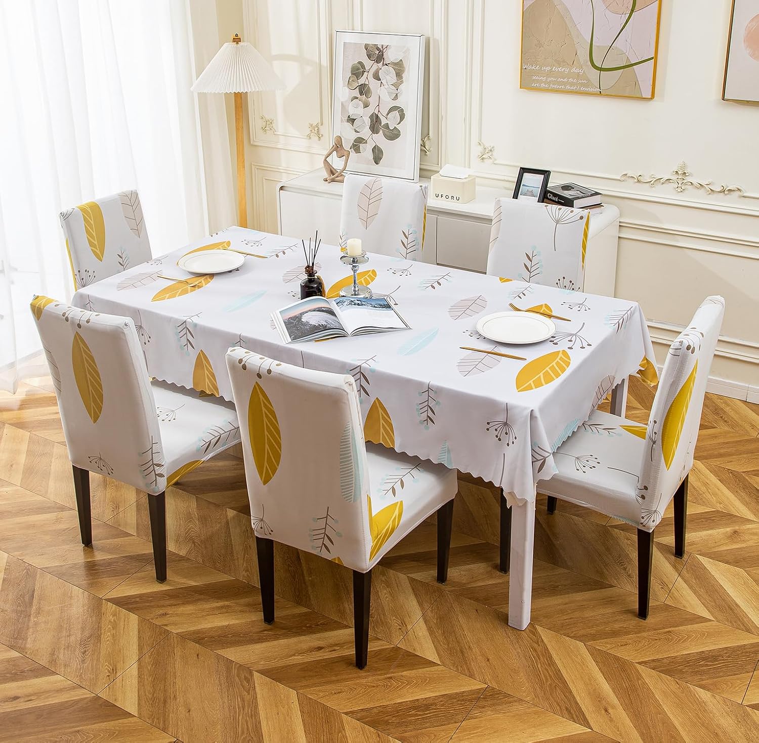 Dining and Table Cover (Yellow Autumnr, 1 Table Cover + 8 Chair Cover)