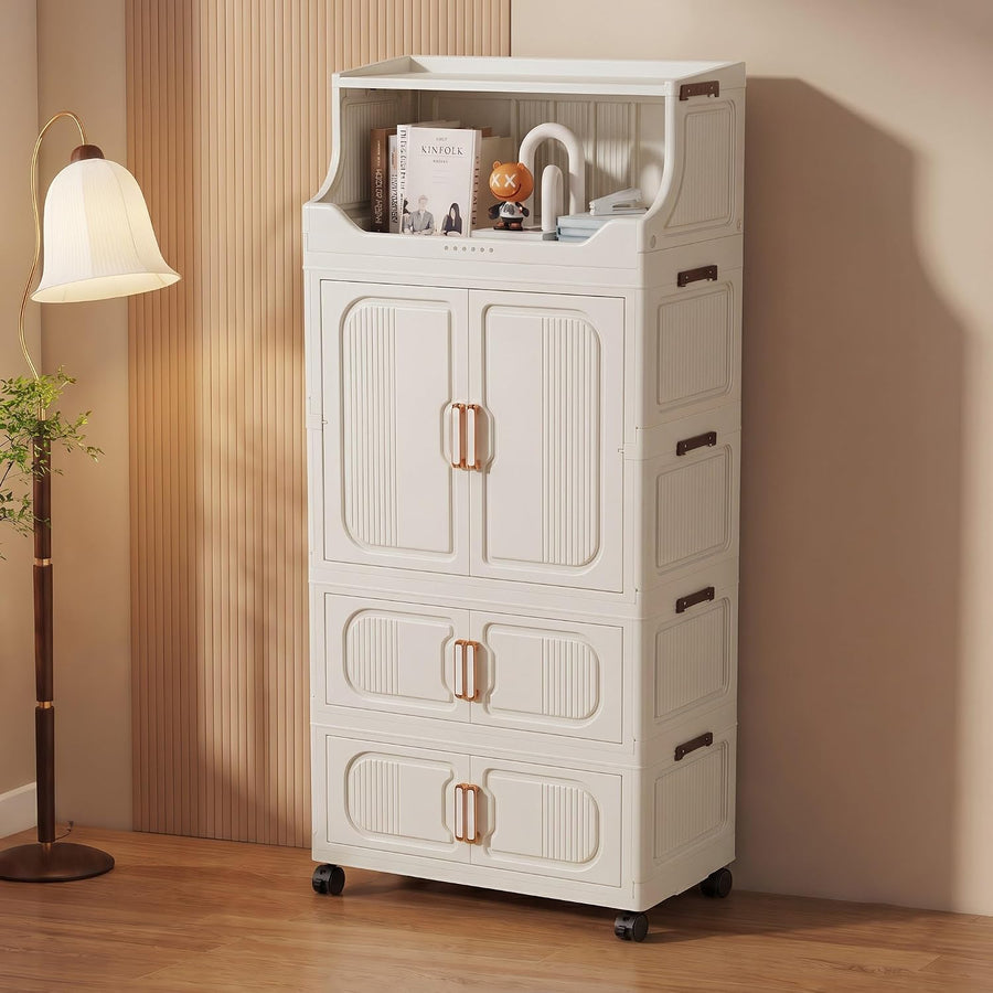 Foldable Wardrobe with Magnetic Doors & Wheels - Ivory White