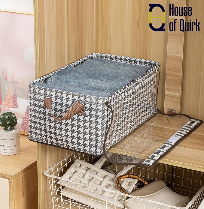 Durable Linen Closet Organizers and Foldable Flip Storage Baskets (Pack 2, Houndstooth)