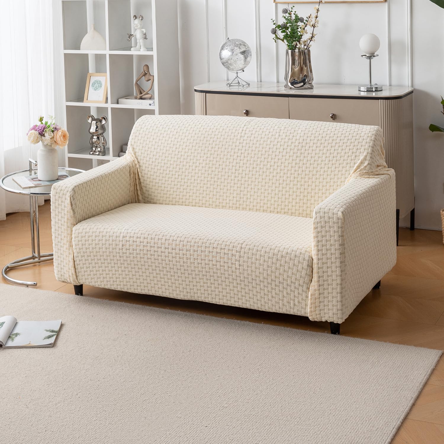 Elegant Jacquard Fabric 220 GSM Sofa Cover – Ultra Soft Stretchable (Beige)