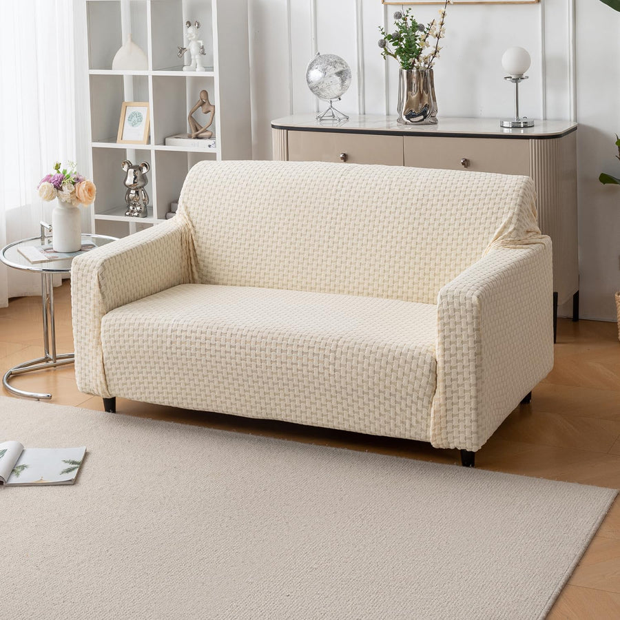 Elegant Jacquard Fabric 220 GSM Sofa Cover – Ultra Soft Stretchable (Beige)