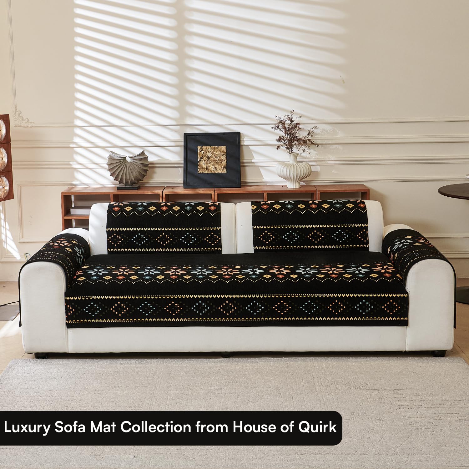 Rangoli Series Chenille Bohemia Couch Cover Quilted Non-Slip Washable Sofa Slipcover (Black)