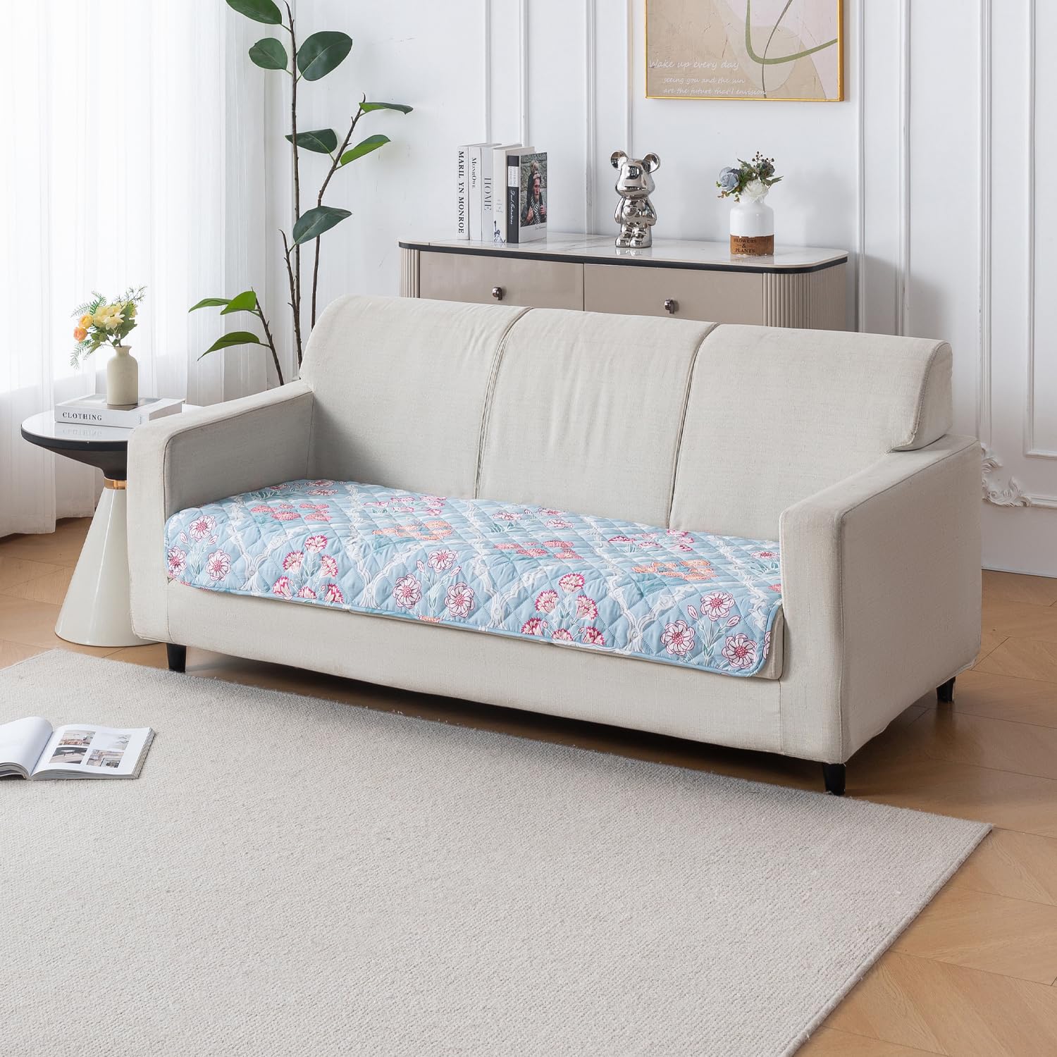 Printed Quilted Sofa Cover for 1/2/3/4 Seater Anti-Slip- Gulshan Sky