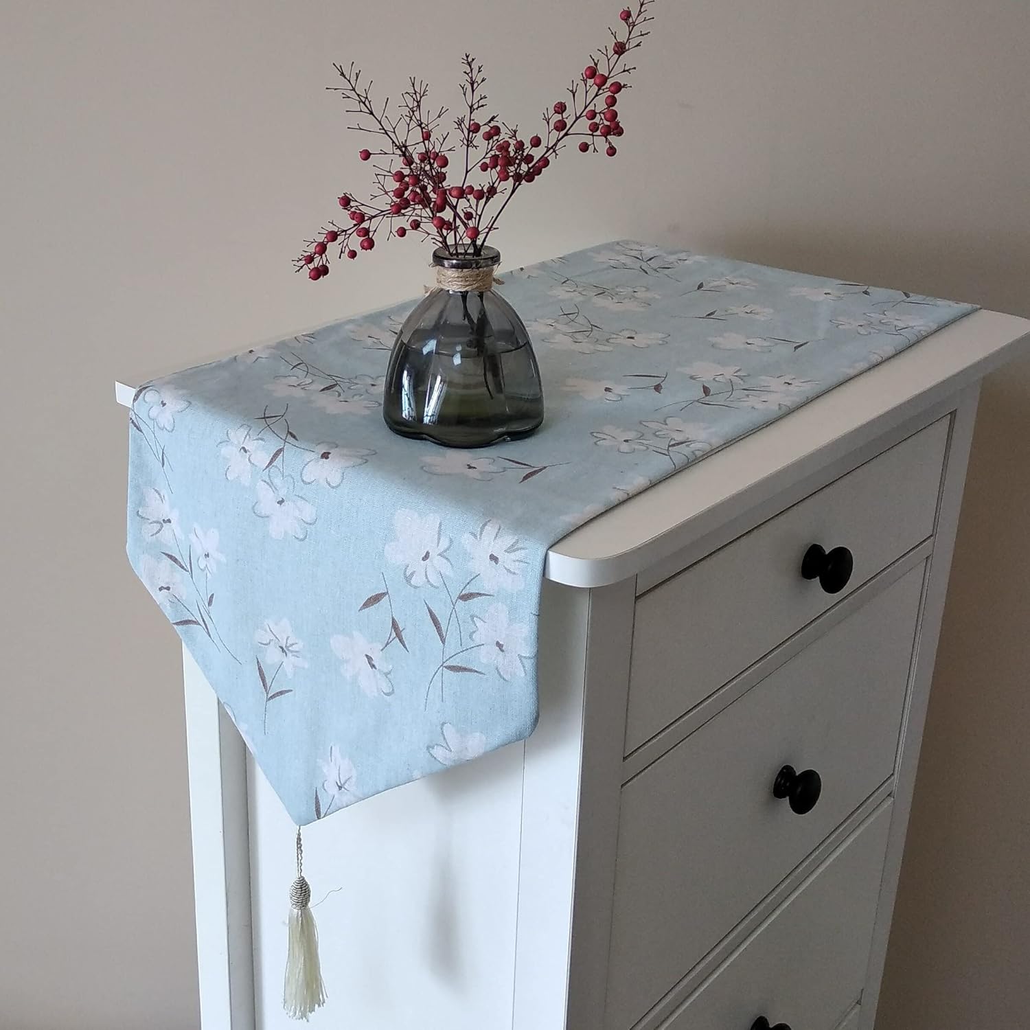 Table Runner, Linen Cotton Tassel Retro (1 Runner 30x140cm, 4 Placemat Blue Daisy)