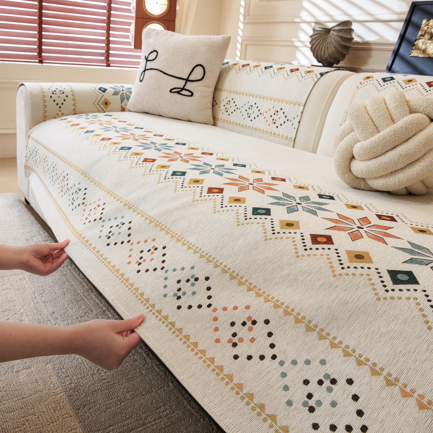 Rangoli Series Chenille Bohemia Couch Cover Quilted Non-Slip Washable Sofa Slipcover, Soft Furniture Protector (Cream)