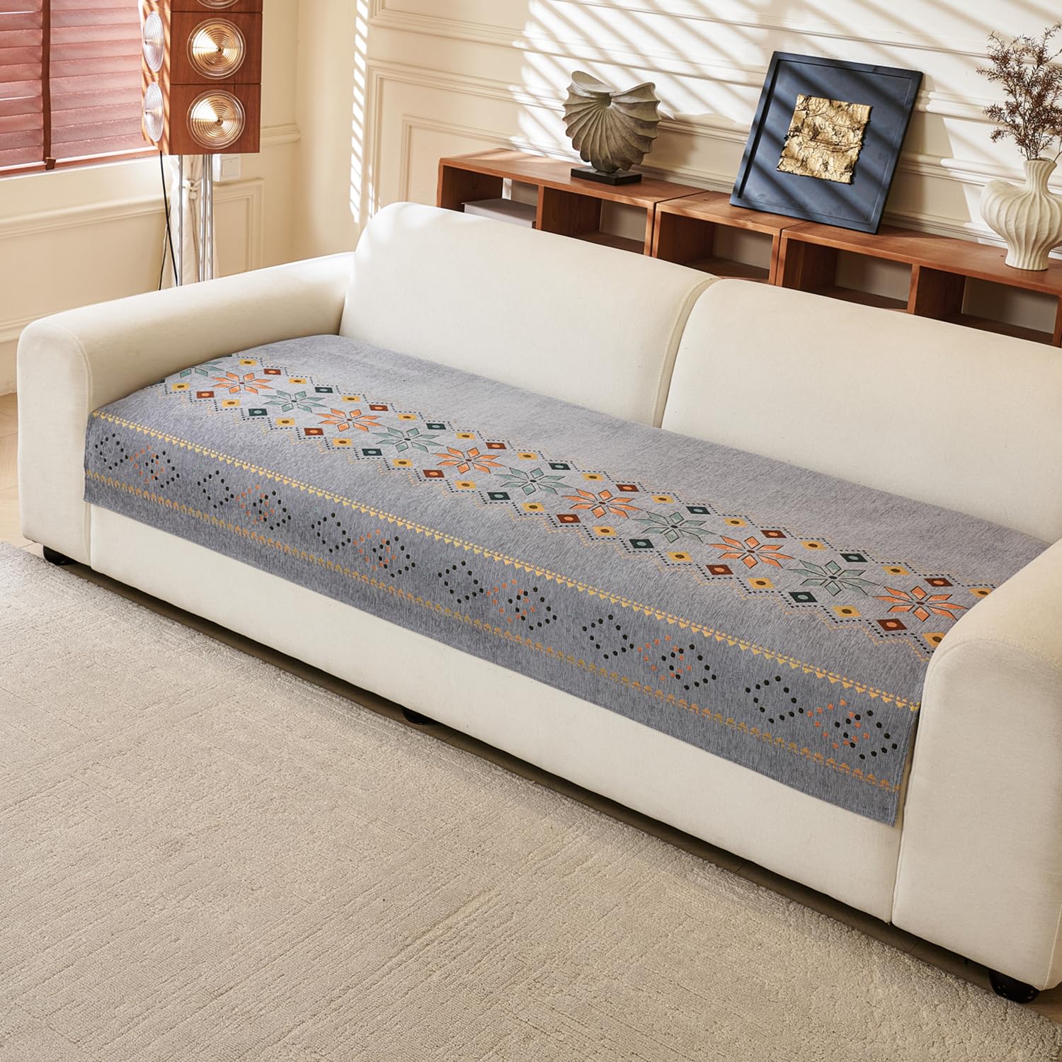 Rangoli Series Chenille Bohemia Couch Cover Quilted Non-Slip Washable Sofa Slipcover (Grey)