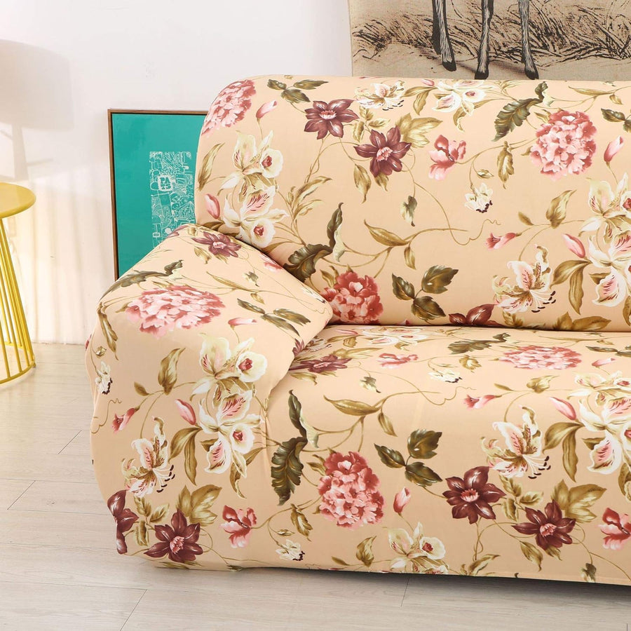 Printed Sofa Cover - Beige Flower Pink Green