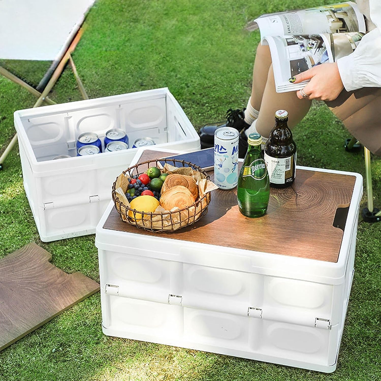 Folding Storage Bins with Wood Lid Storage Container - (30Litre, White)