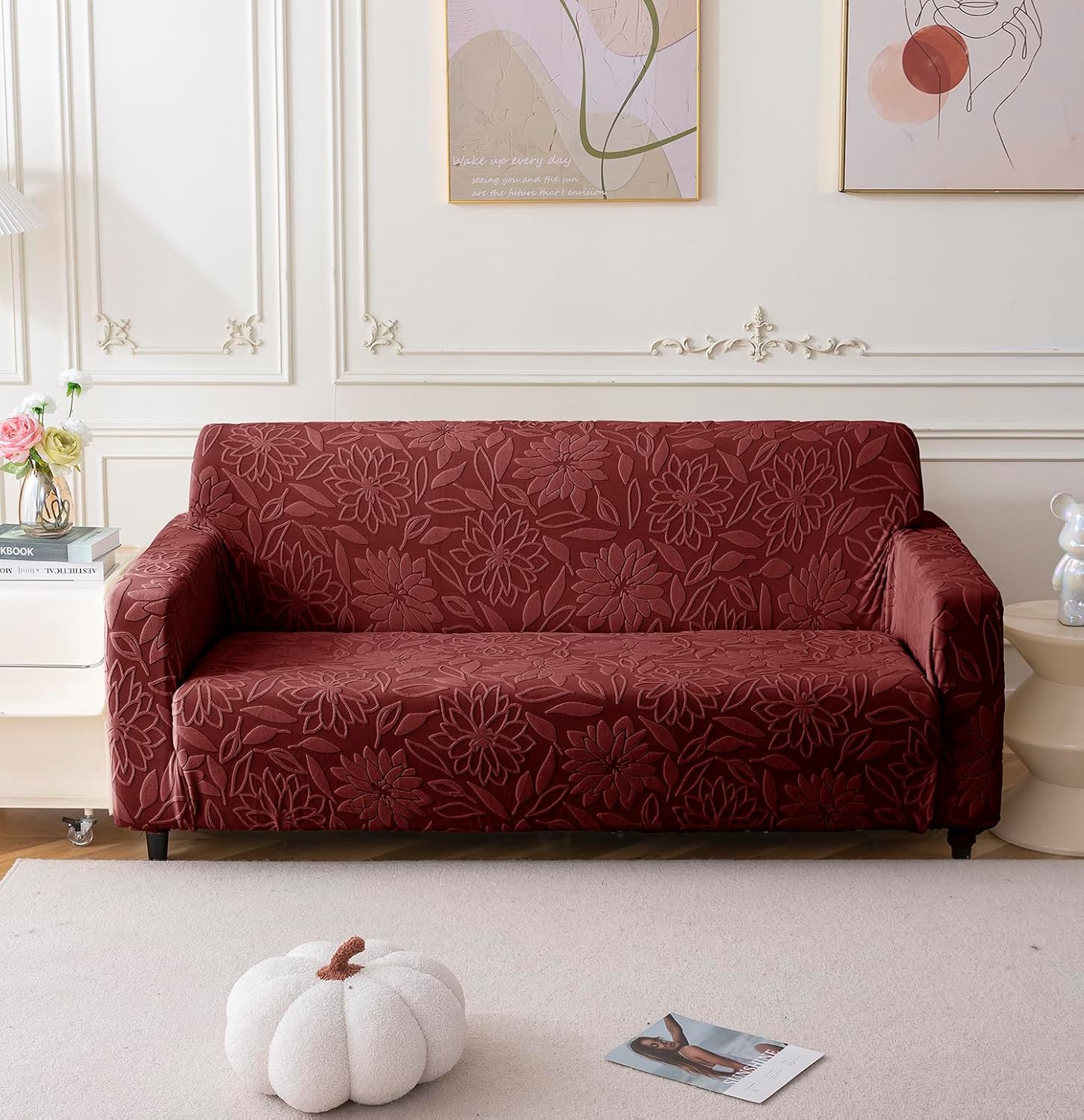 Universal Jacquard Waterproof Camellia Fabric Sofa Cover (Maroon)