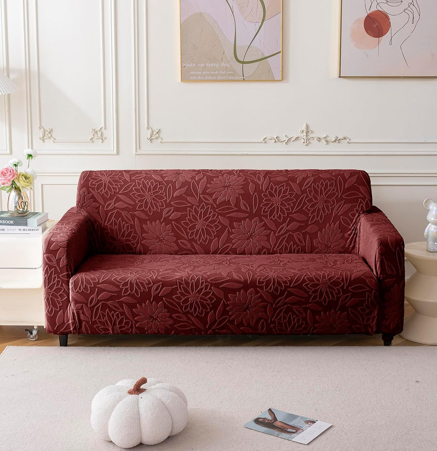 Universal Jacquard Waterproof Camellia Fabric Sofa Cover (Maroon)
