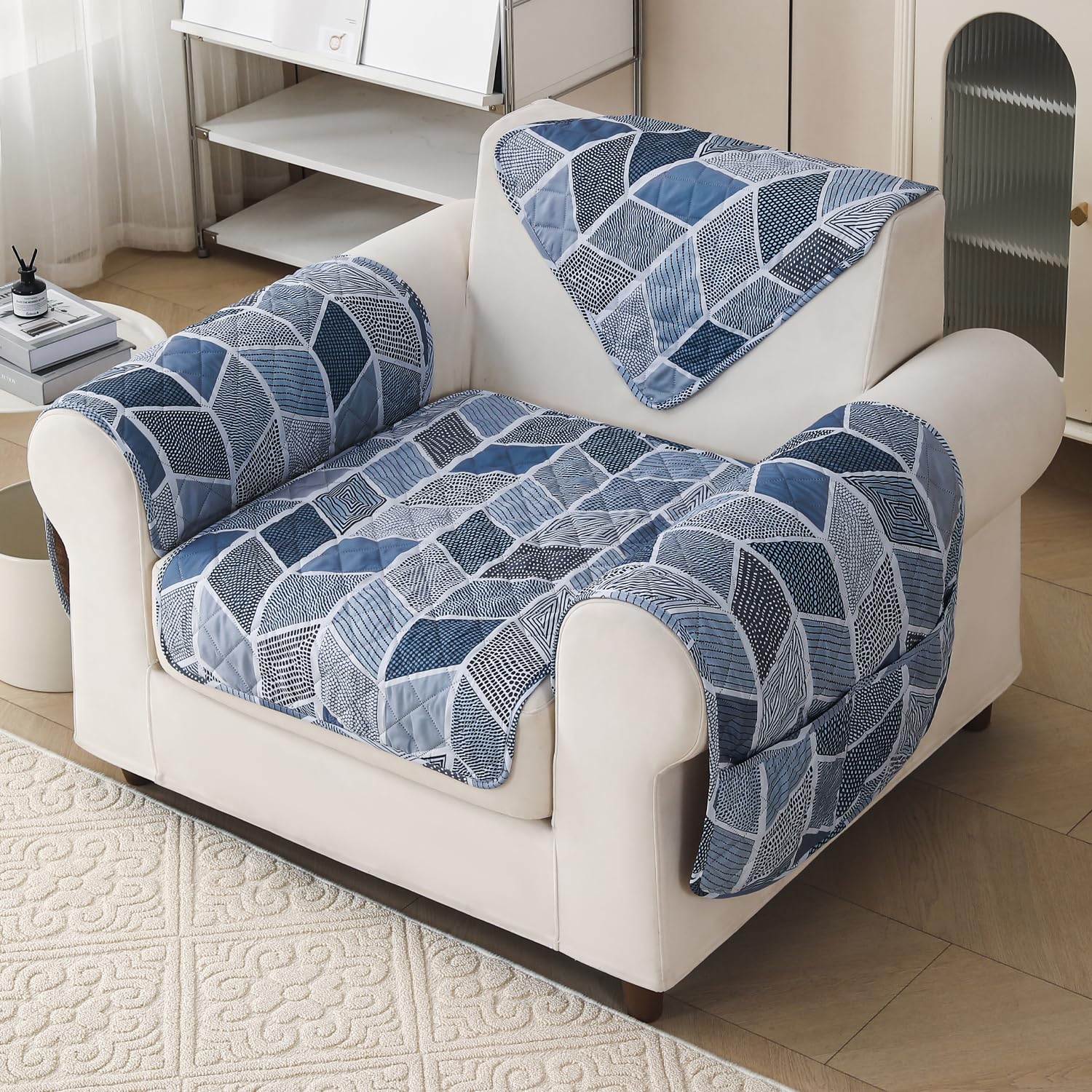 'Aura Petal Series' Quilted Sofa Mat Printed – Anti Slip (Hexa Blue)