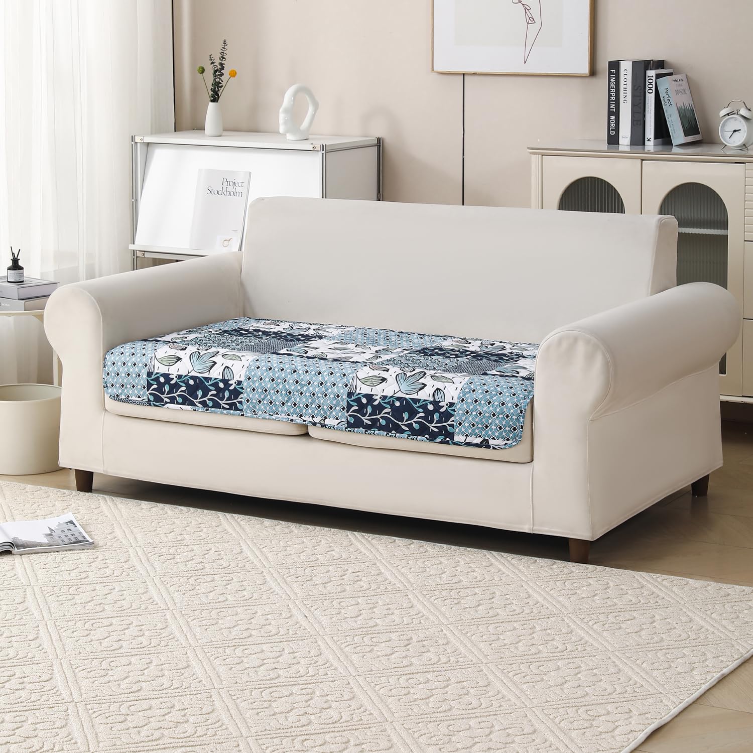'Aura Petal Series' Quilted Sofa Mat Printed – Anti Slip (Paisley Blue)