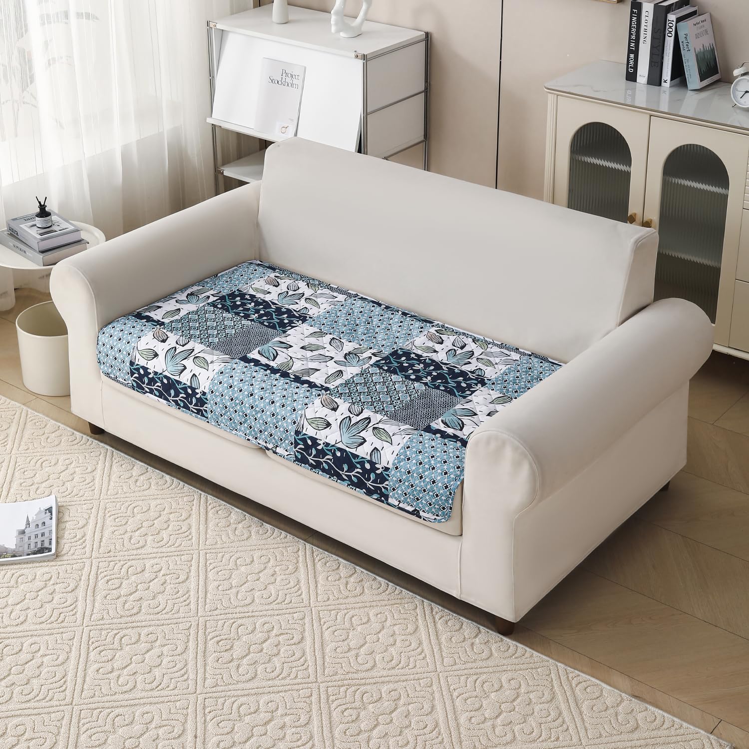 'Aura Petal Series' Quilted Sofa Mat Printed – Anti Slip (Paisley Blue)