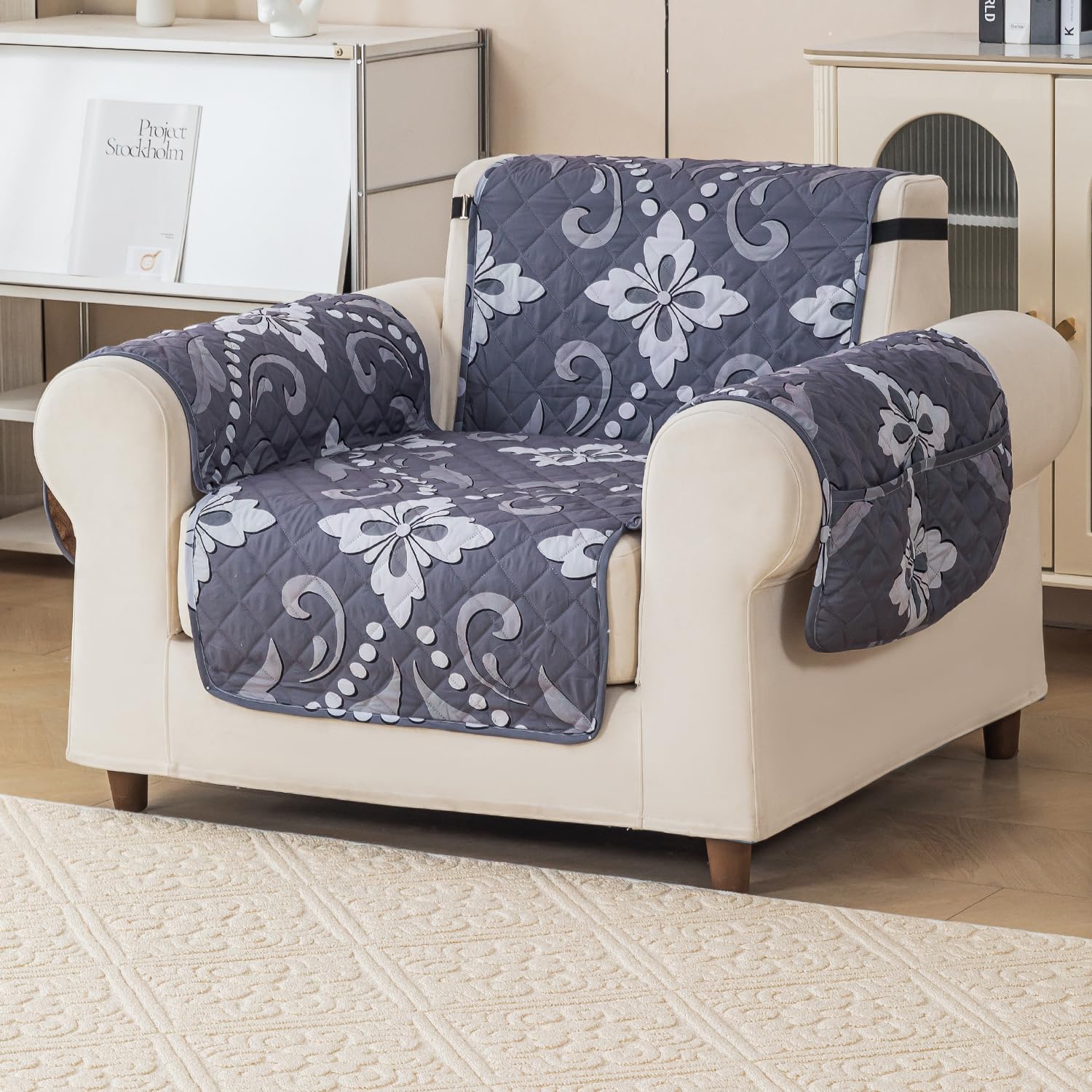 Gulnaar Series Anti-Slip Sofa Cover Mat with Pocket – Polyester Couch Protector(Silver Moss)