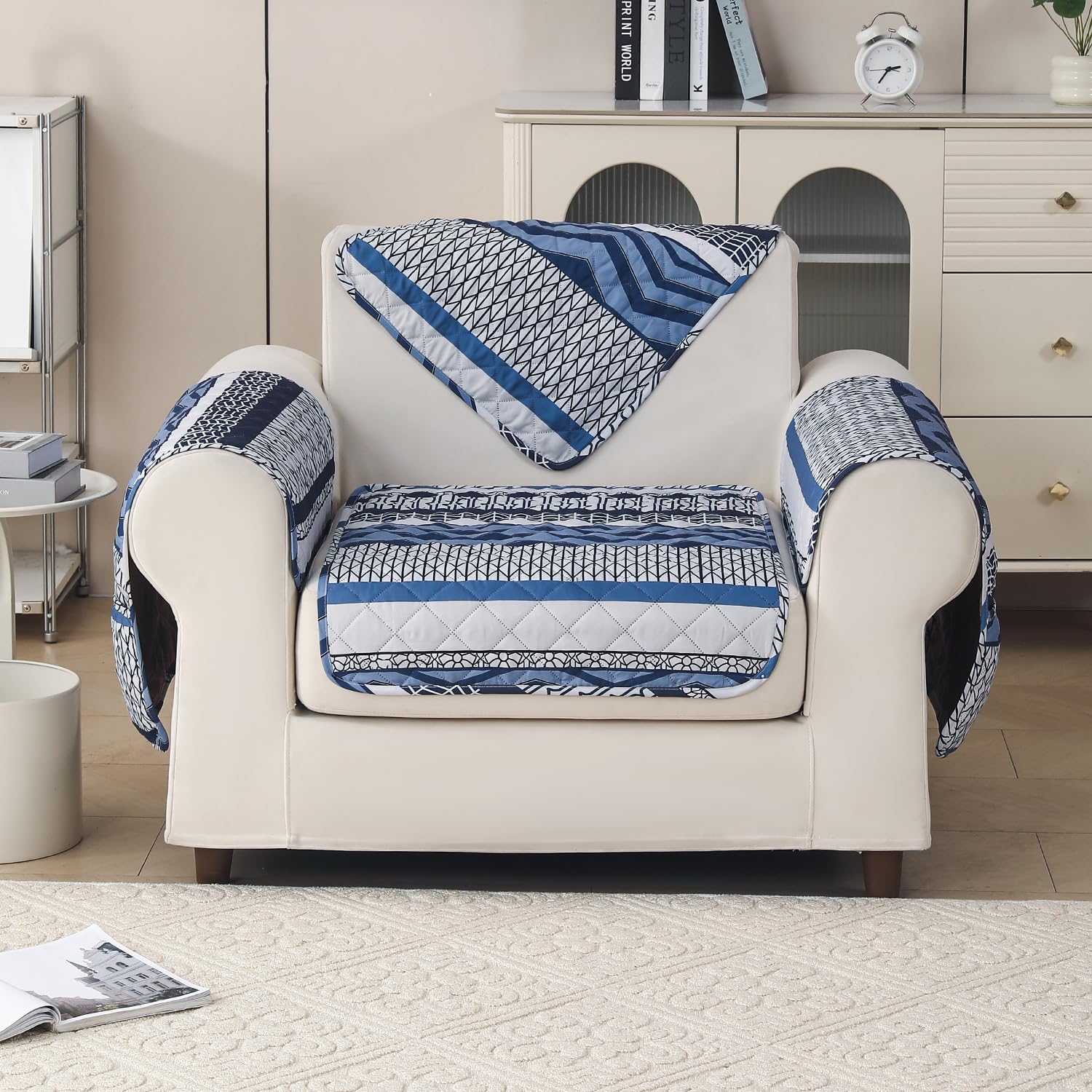 'Aura Petal Series' Quilted Sofa Mat Printed – Anti Slip (Boho Navy)