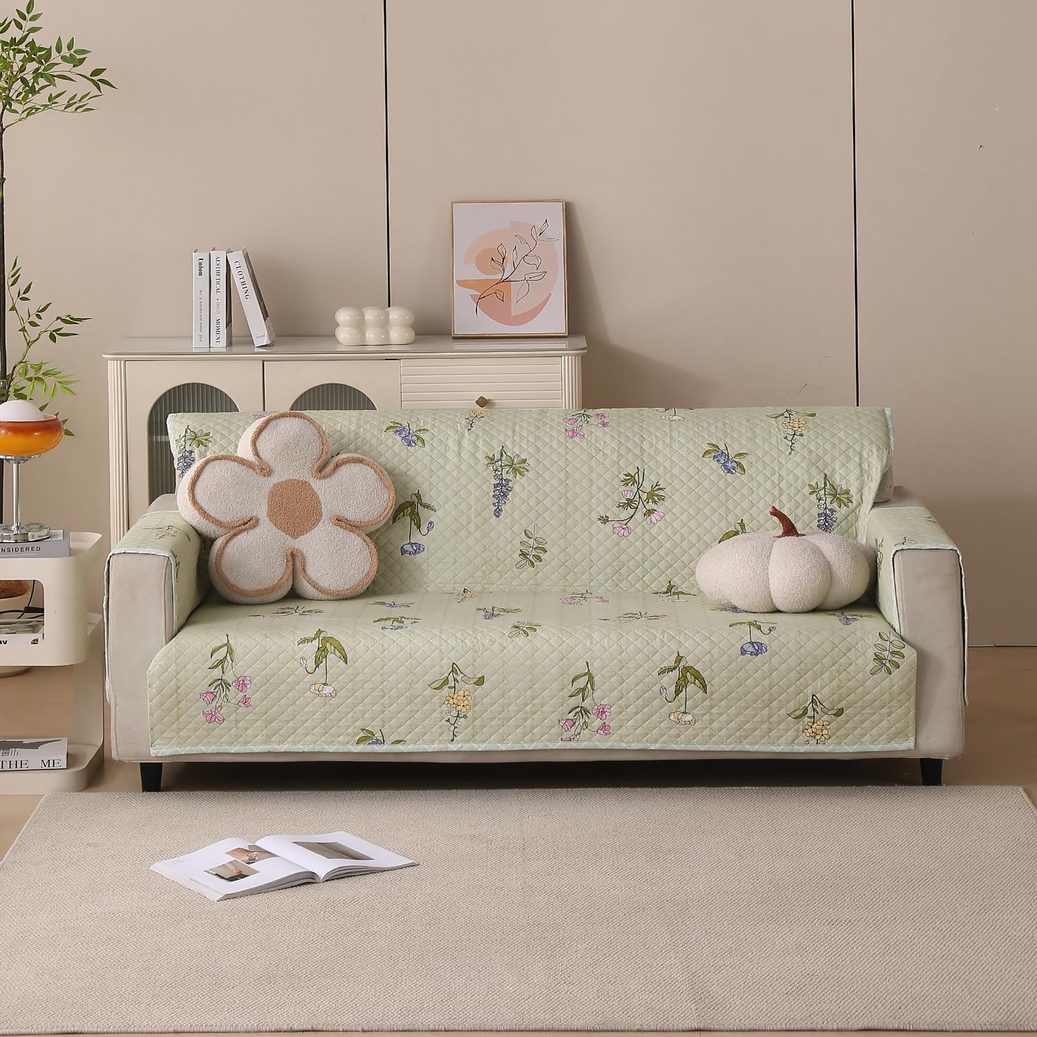 Polyester Sofa Cover Mat Reversible Couch Protector- Green Floral
