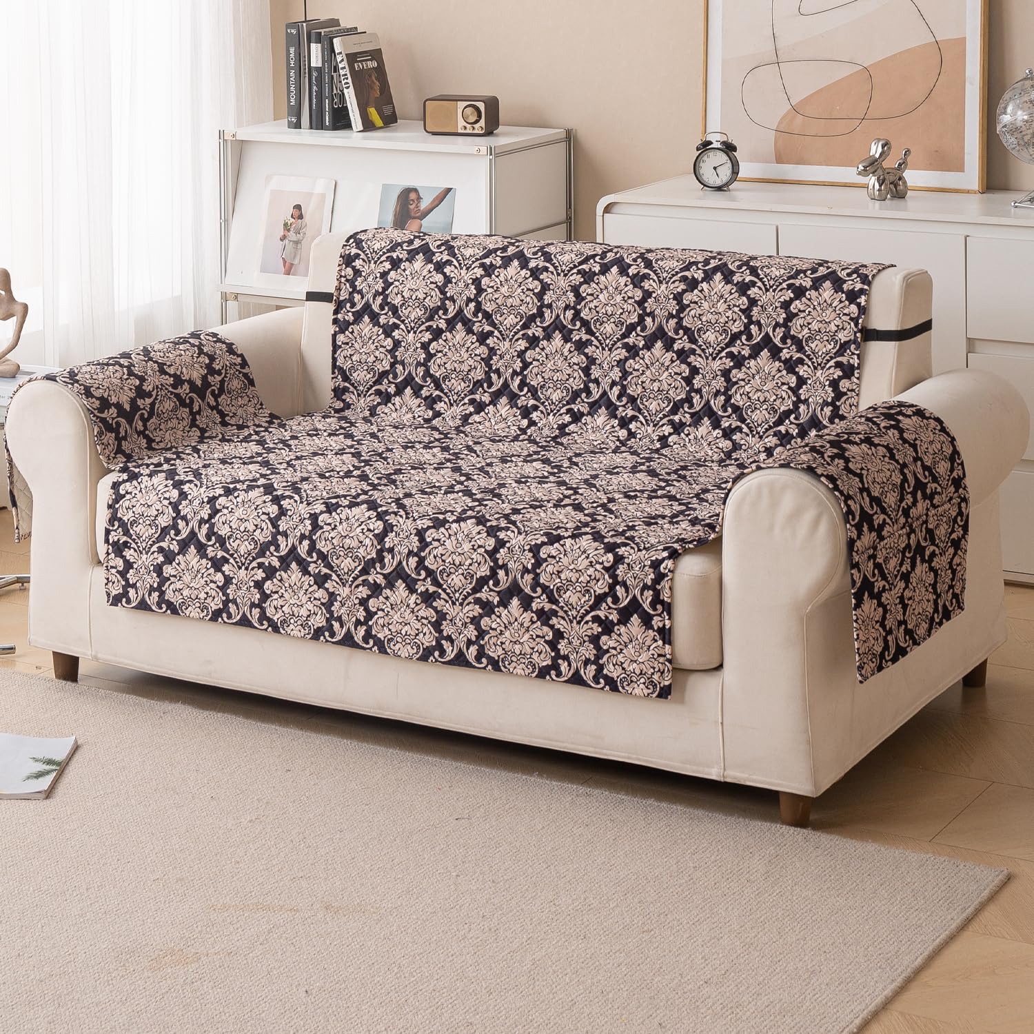 Quilted Printed Sofa Cover for Indian Sofa Set – Washable (Black Motif)