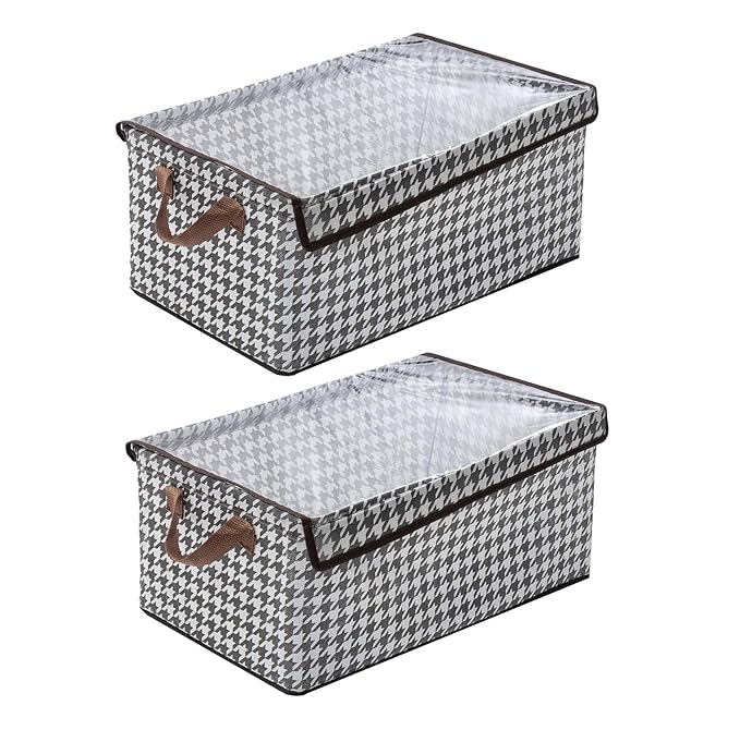 Durable Linen Closet Organizers and Foldable Flip Storage Baskets (Pack 2, Houndstooth)