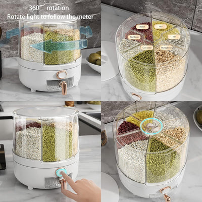 6 Grids Rotatable Cereal Dispenser 360 Rotating (Circular White)
