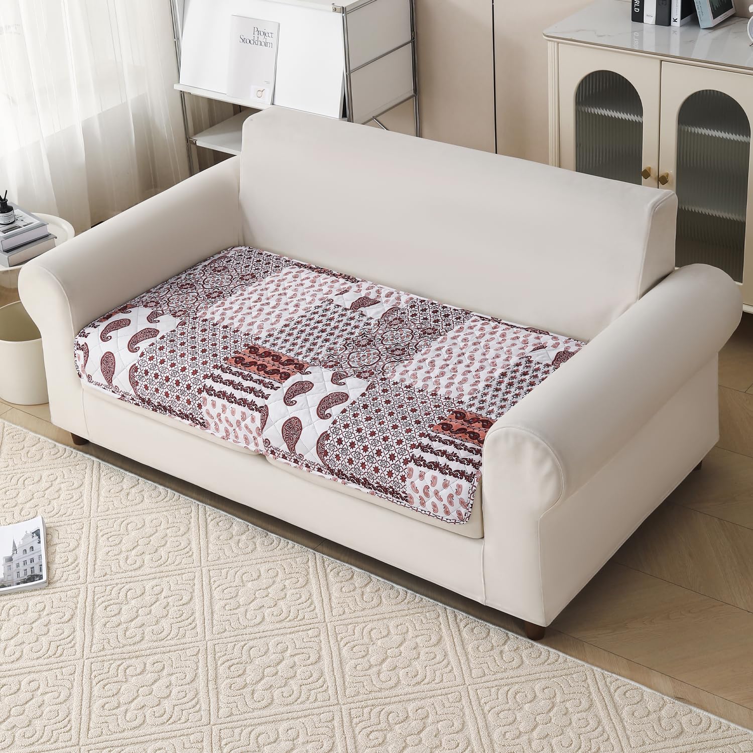 'Aura Petal Series' Quilted Sofa Mat Printed – Anti Slip (Boho Brown)