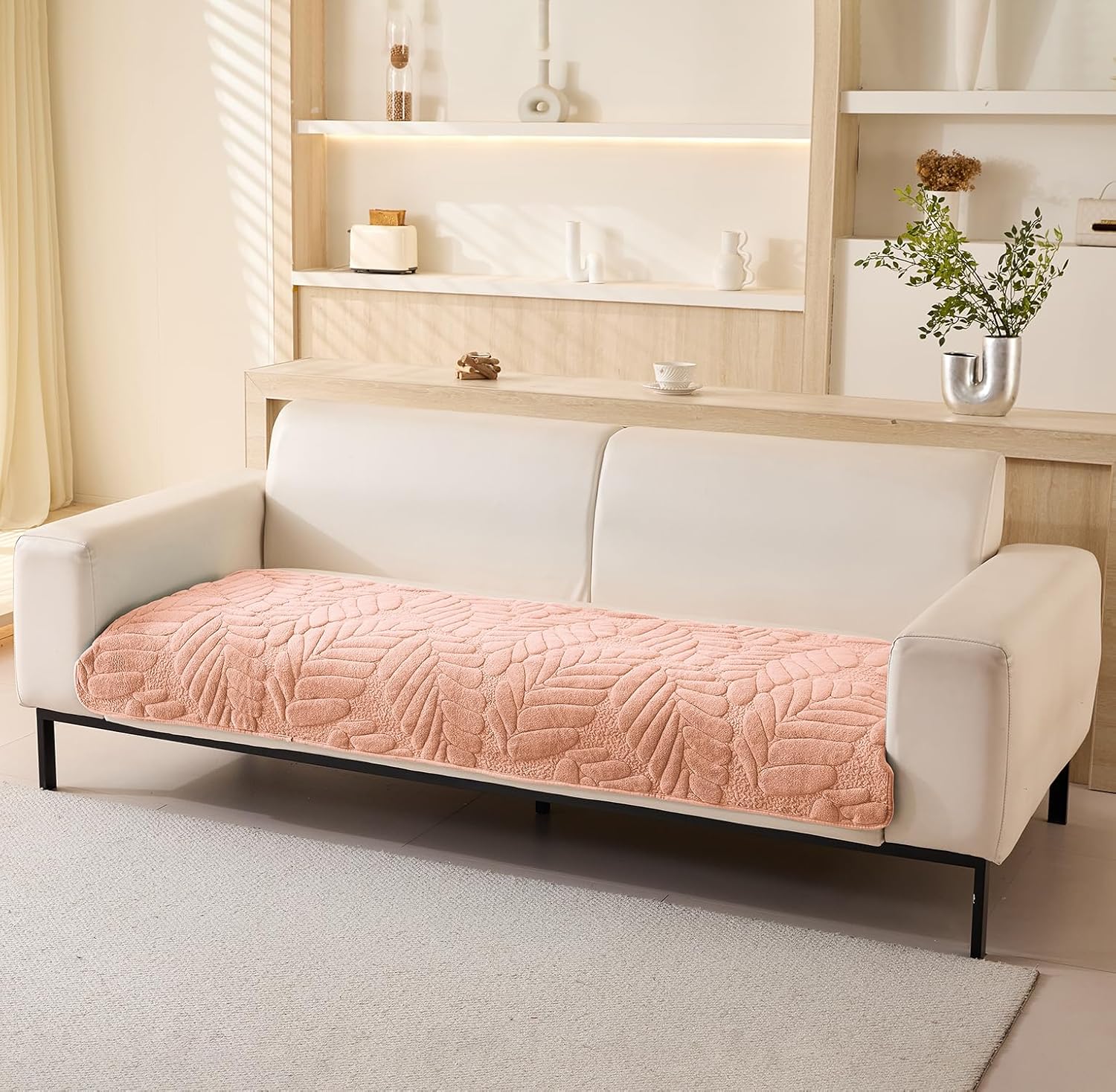 Sofa Cover Mat Leaf Coral Fleece Chenille Fabric Seater Sofa (Peach)