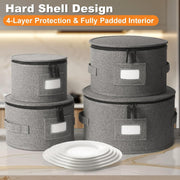 4-Piece Hard Shell Dish Storage Containers with Felt Dividers 12 Place Settings (Grey)