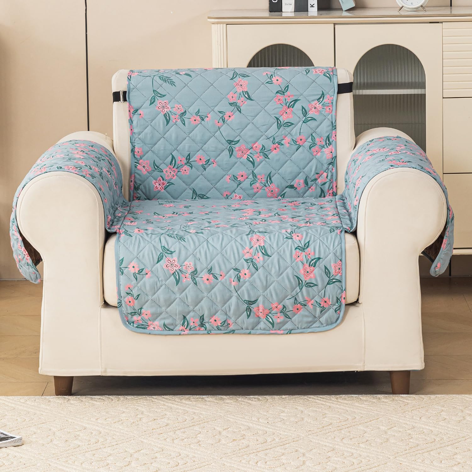 Gulnaar Series Anti-Slip Sofa Cover Mat with Pocket – Polyester Couch Protector(Pastel Bloom)