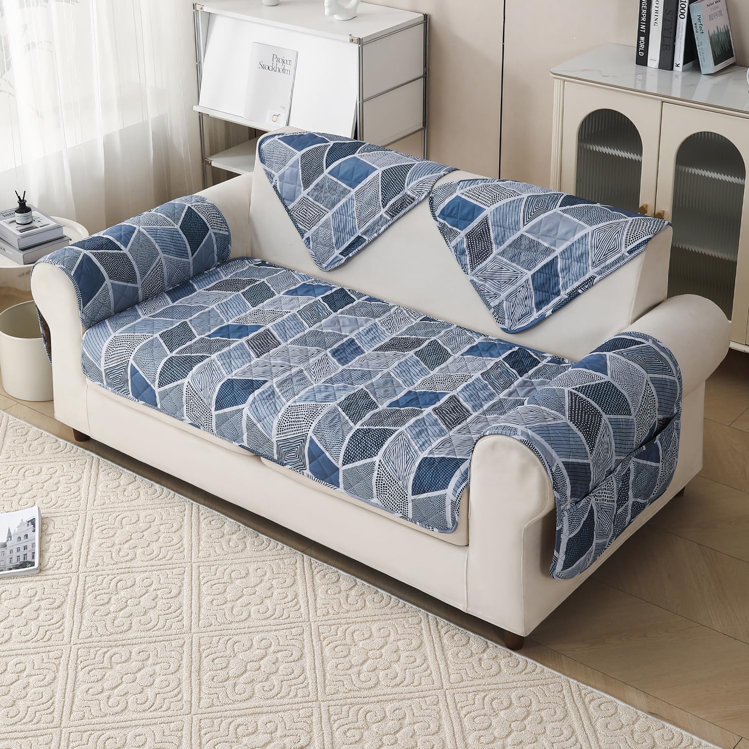 'Aura Petal Series' Quilted Sofa Mat Printed – Anti Slip (Hexa Blue)