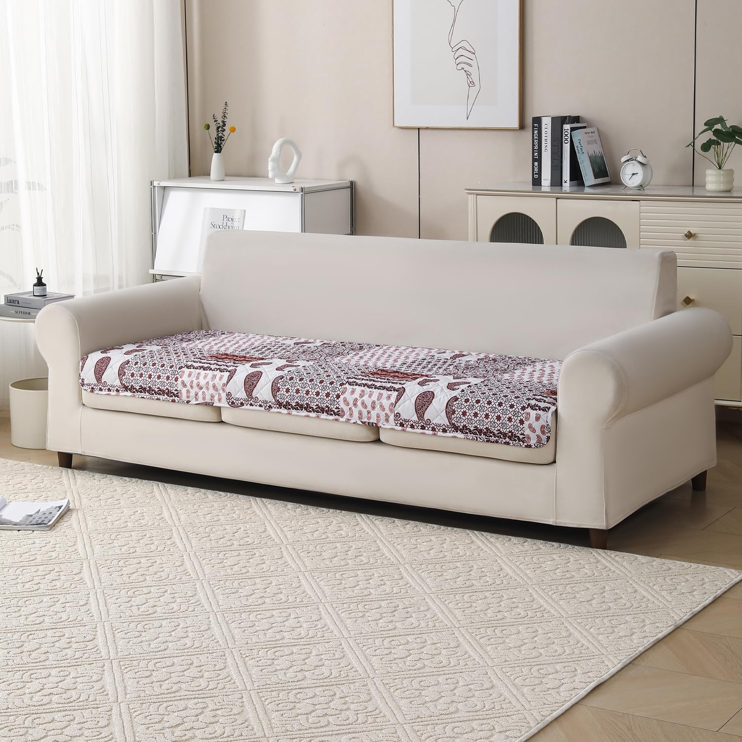 'Aura Petal Series' Quilted Sofa Mat Printed – Anti Slip (Boho Brown)