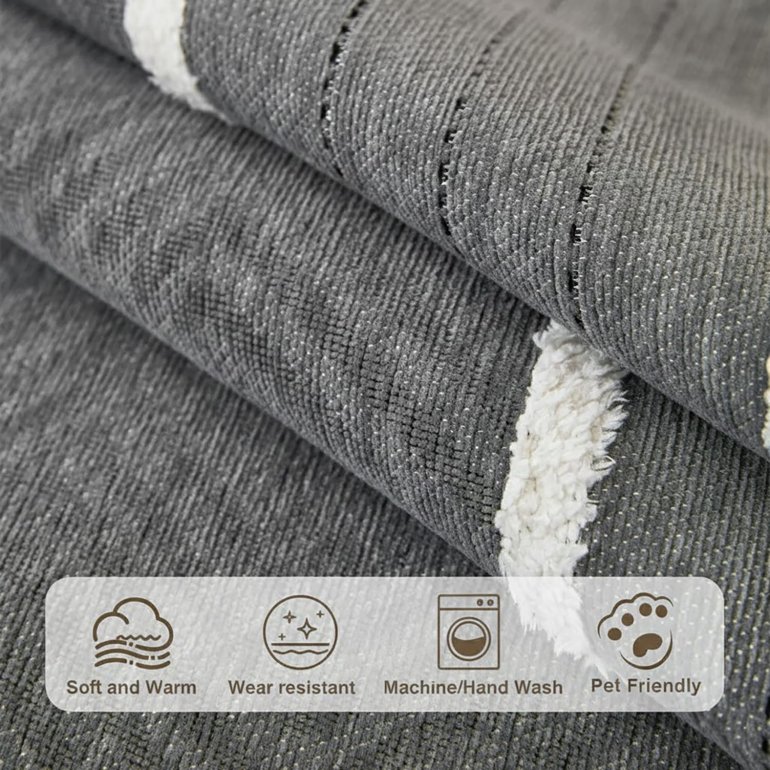 Loom Stripe Series Chenille Couch Cover Curved Edge Quilted Non-Slip Sofa Cover (Grey)