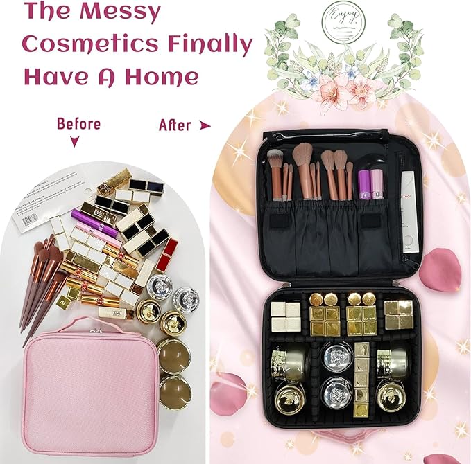 Cosmetic Storage Case with Adjustable Compartment - Rose Pink