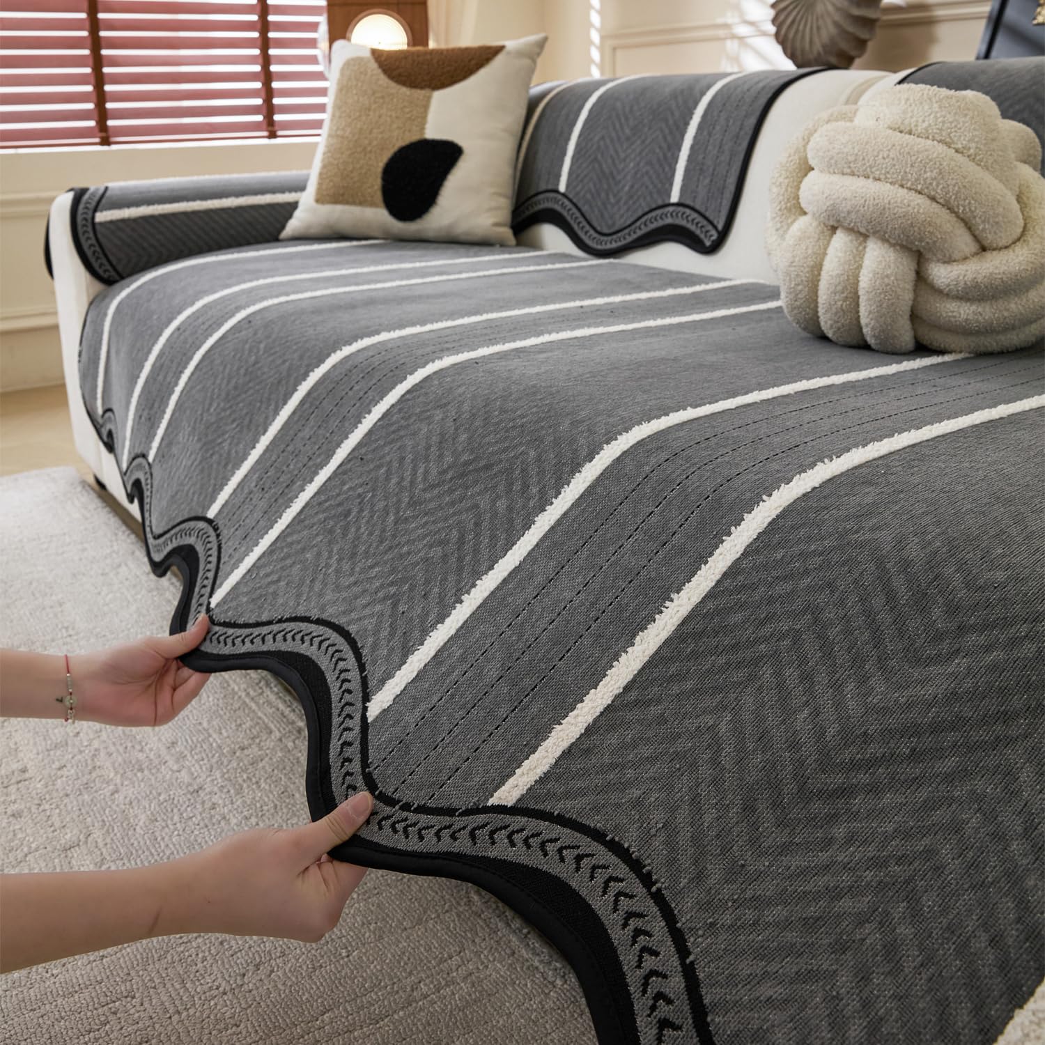 Loom Stripe Series Chenille Couch Cover Curved Edge Quilted Non-Slip Sofa Cover (Grey)