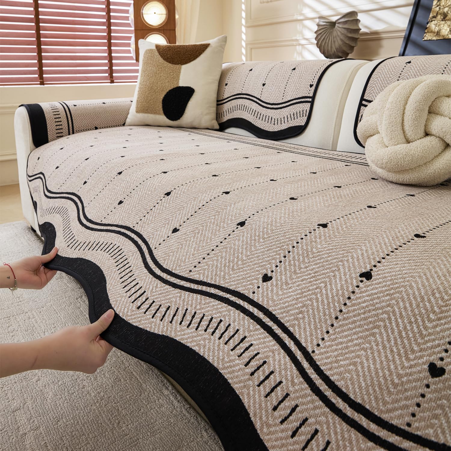 Loom Stripe Series Chenille Couch Cover Curved Edge Quilted Non-Slip Washable Sofa (Brown)