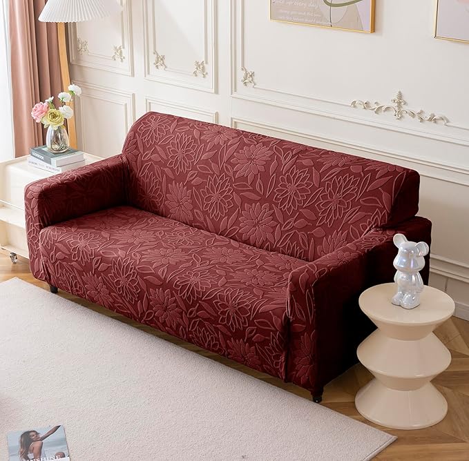 Universal Jacquard Waterproof Camellia Fabric Sofa Cover (Maroon)