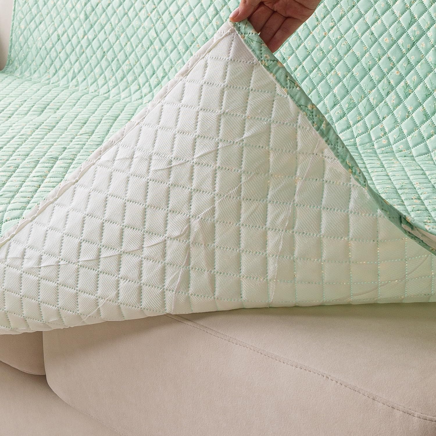 Quilted Printed Sofa Cover for Indian Sofa Set – Washable (Green Autumn)