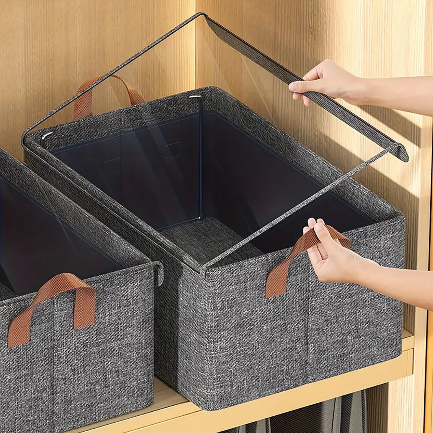 Durable Linen Closet Organizers and Foldable Flip Storage Baskets (Dark Grey)