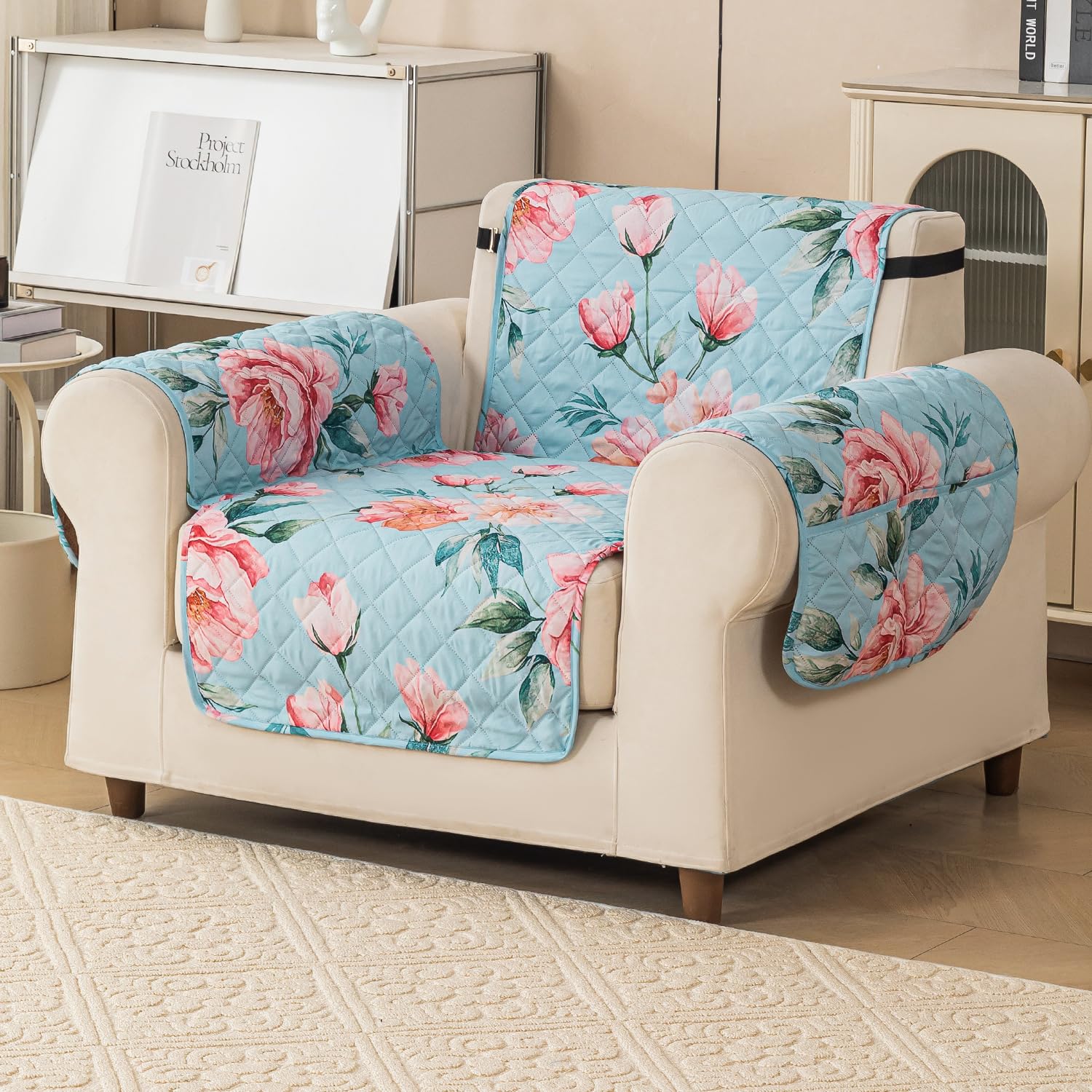 Gulnaar Series Anti-Slip Sofa Cover Mat with Pocket – Polyester Couch Protector(Rose Cloud)