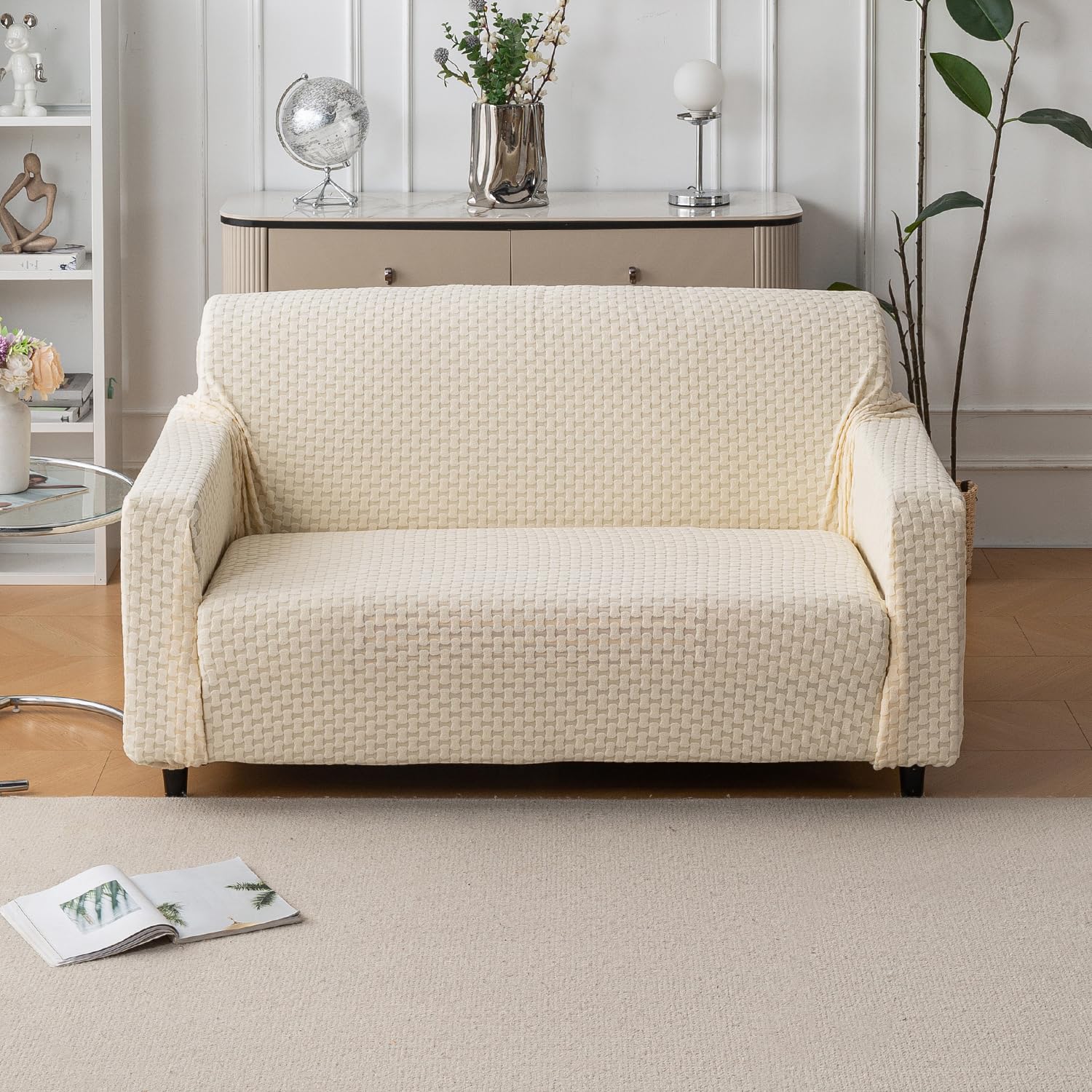 Elegant Jacquard Fabric 220 GSM Sofa Cover – Ultra Soft Stretchable (Beige)