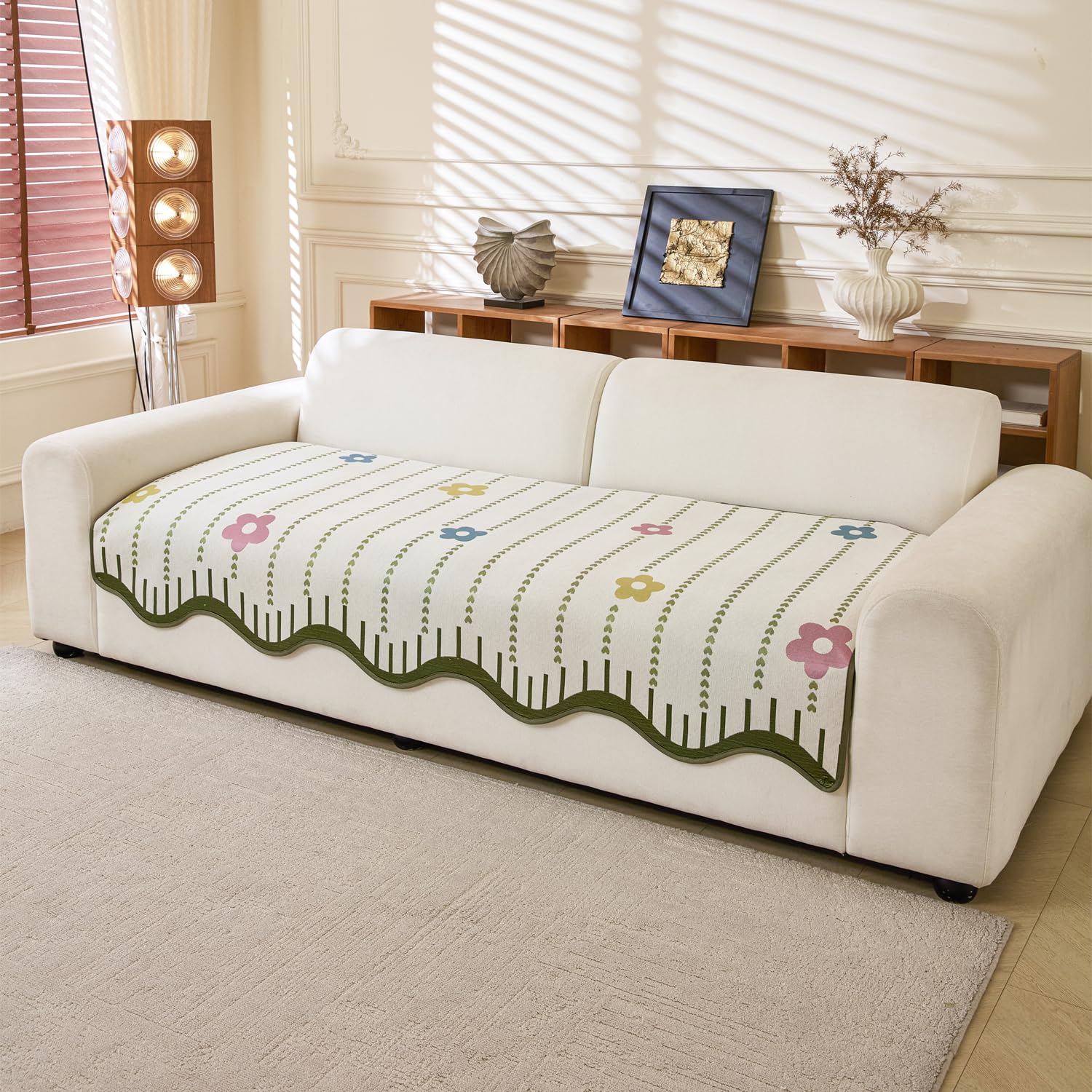 Loom Stripe Series Chenille Couch Cover Curved Edge Quilted Sofa Slipcover (Beige)