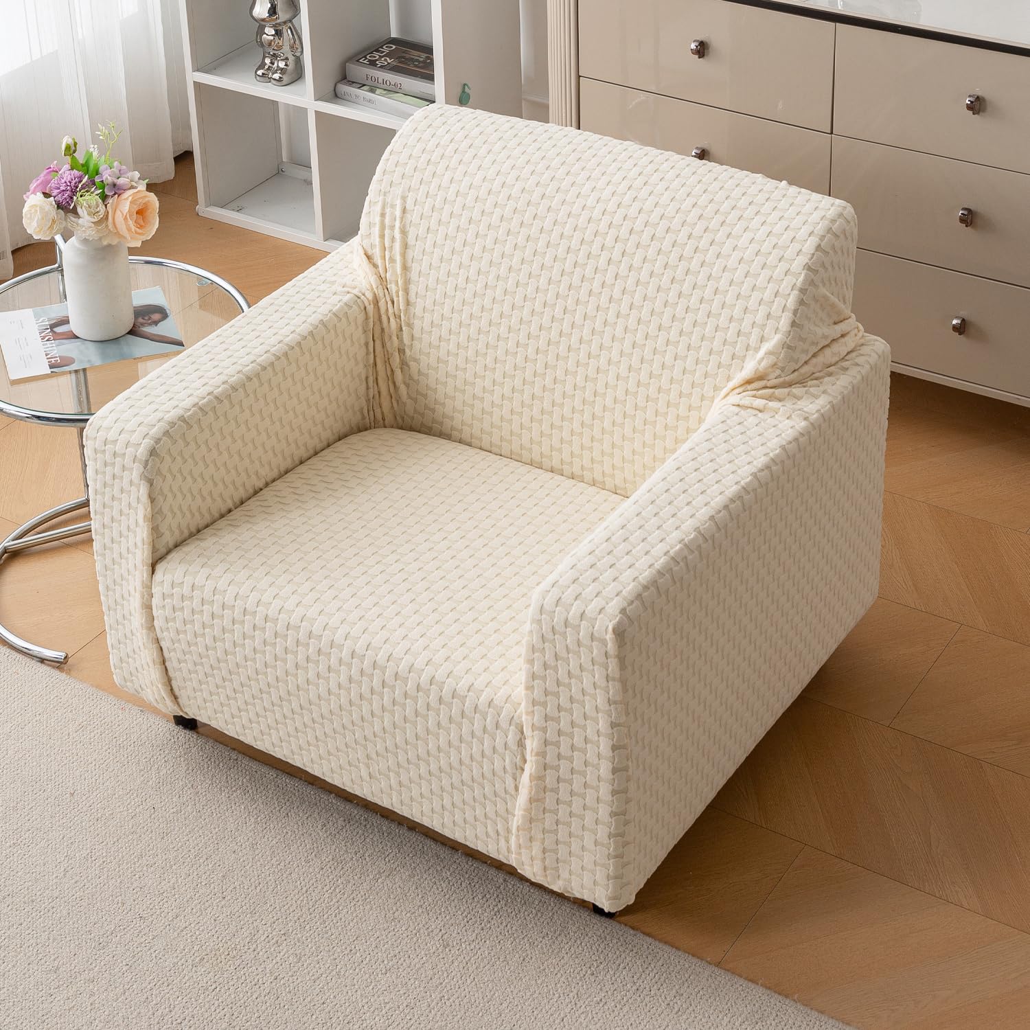 Elegant Jacquard Fabric 220 GSM Sofa Cover – Ultra Soft Stretchable (Beige)
