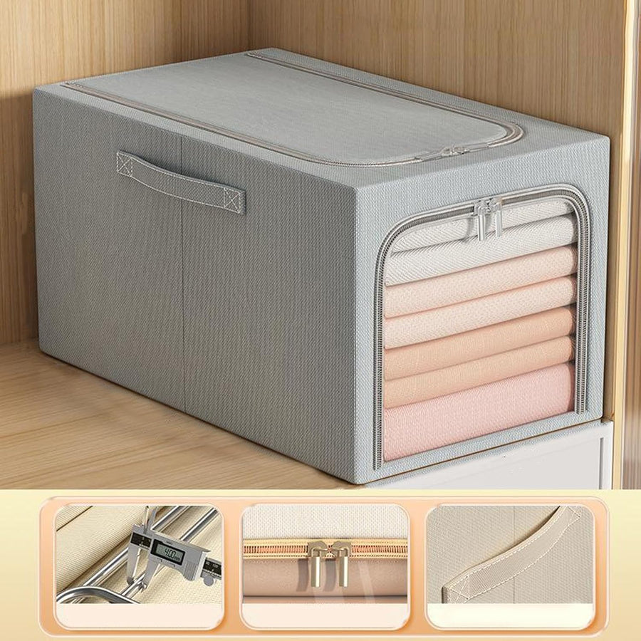 Clothes Storage Bins Quilts Storage Organizer with Metal Frame & Handle (Grey)