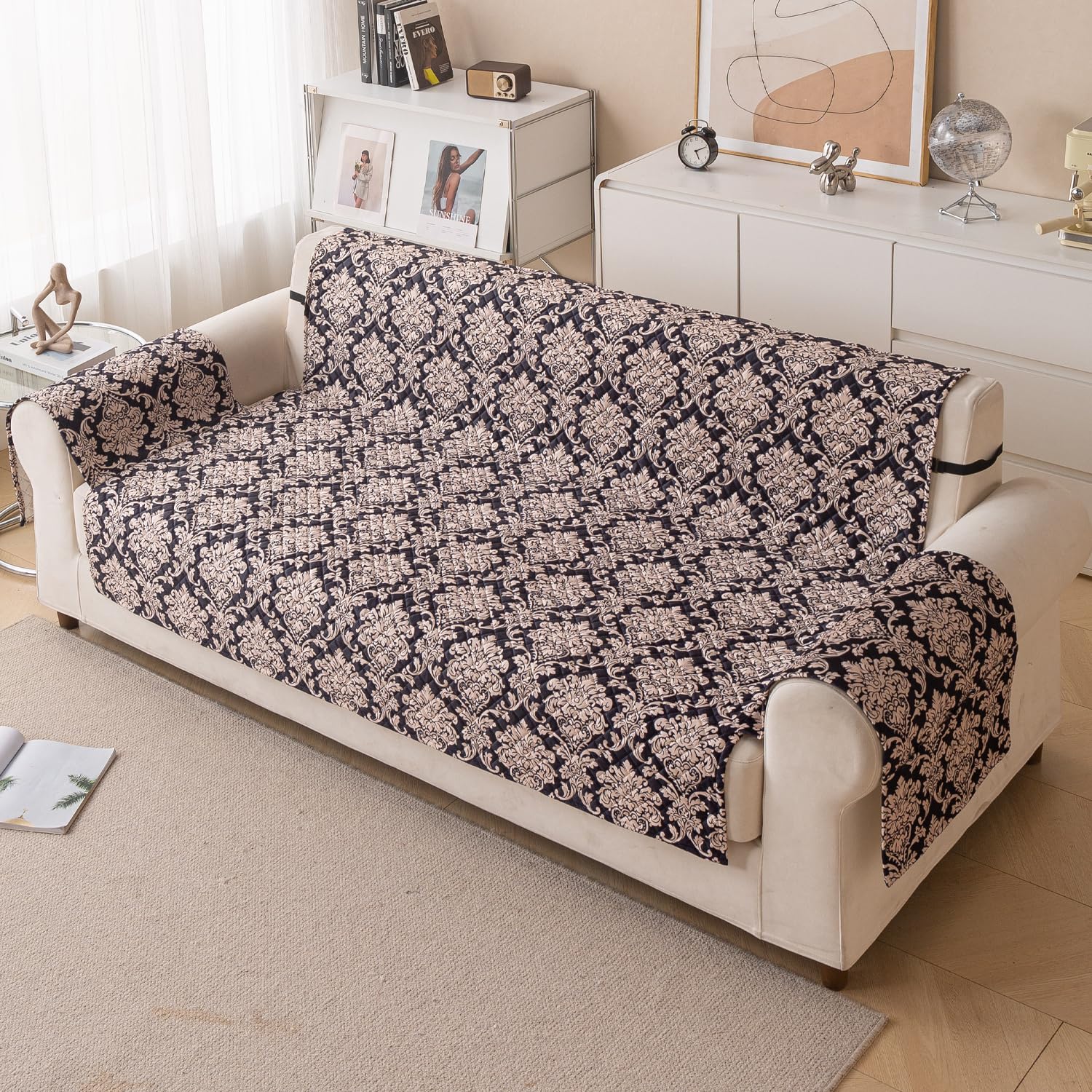 Quilted Printed Sofa Cover for Indian Sofa Set – Washable (Black Motif)