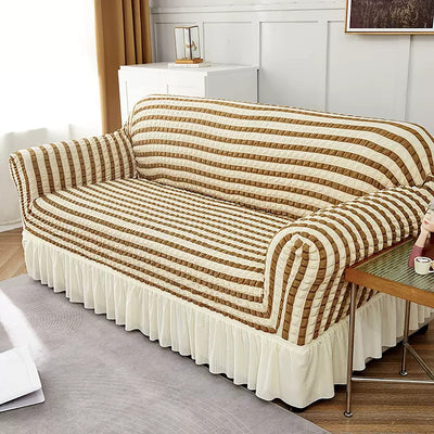 Bubble Frill Couch Cover-Beige Stripe