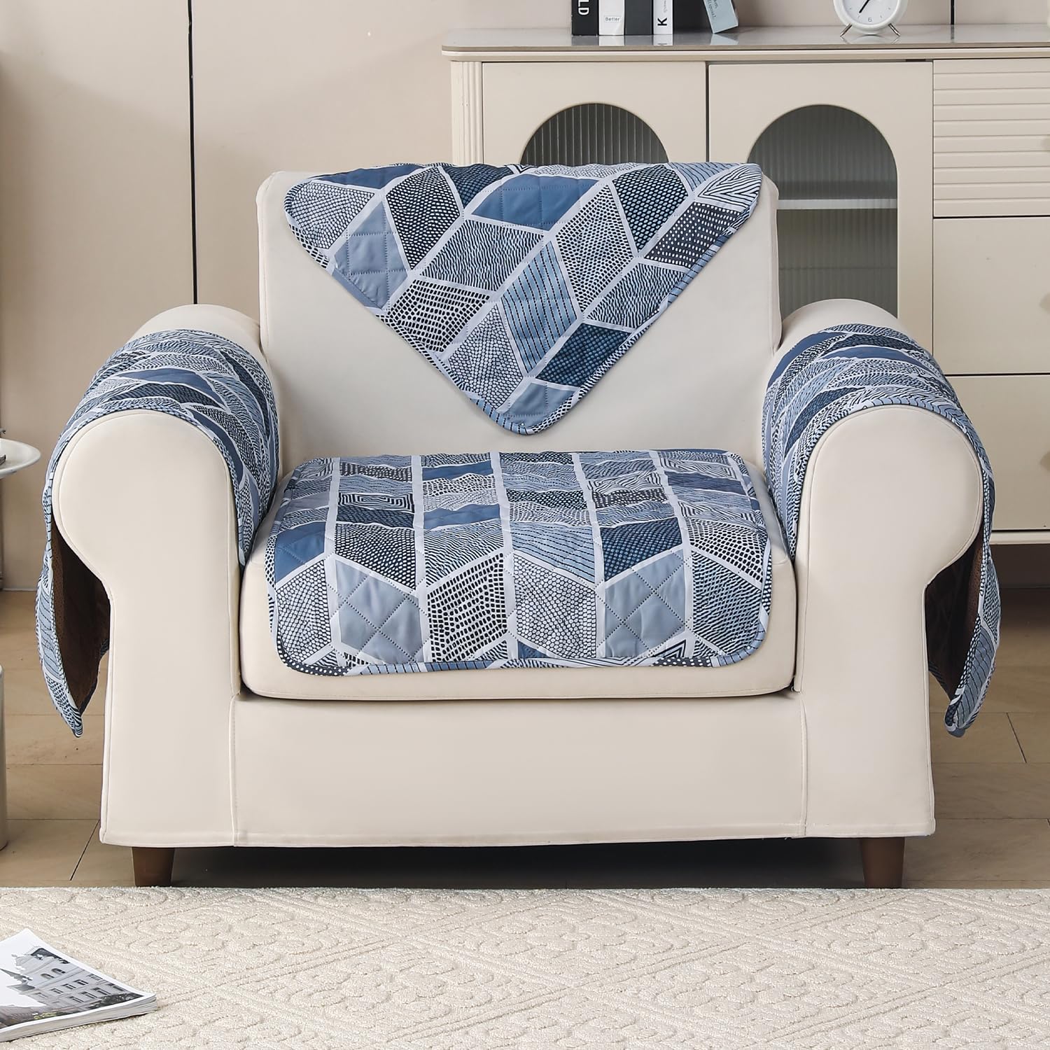 'Aura Petal Series' Quilted Sofa Mat Printed – Anti Slip (Hexa Blue)