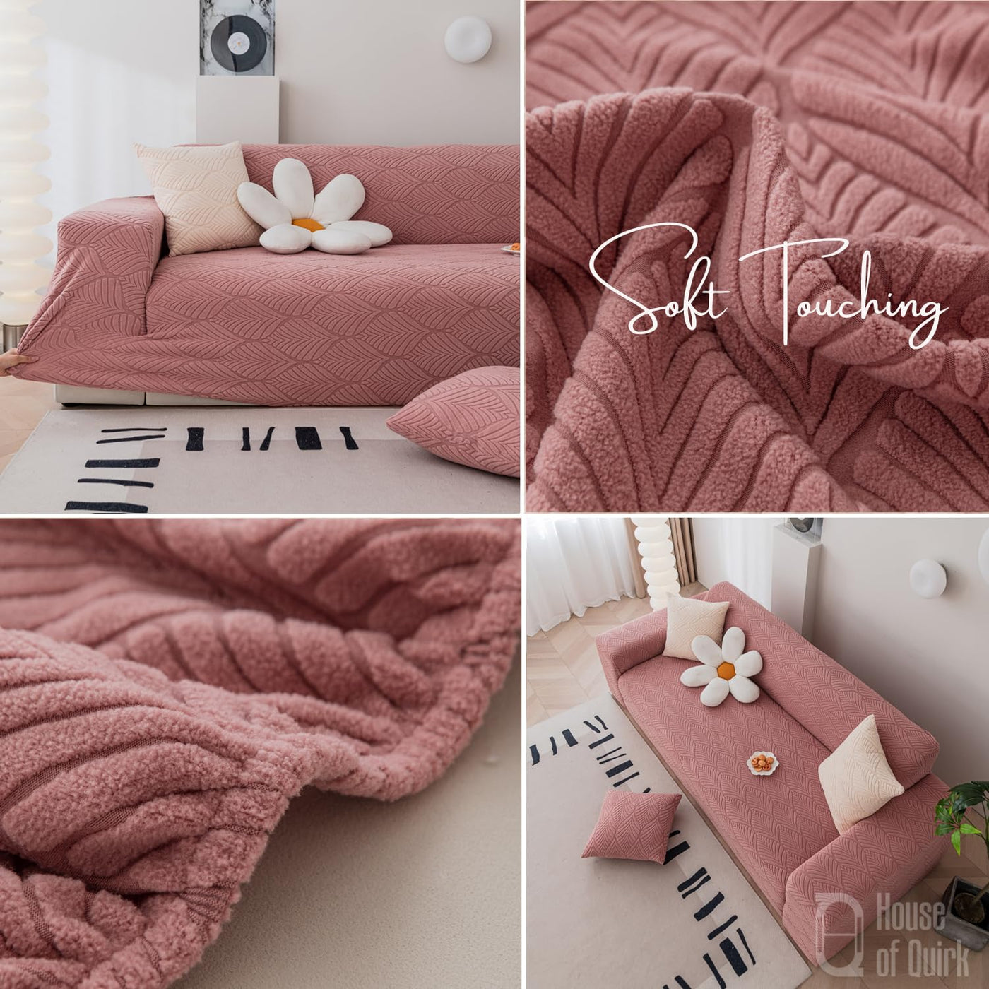 Universal Jacquard Leaf Texture Fabric Sofa Cover-Pink