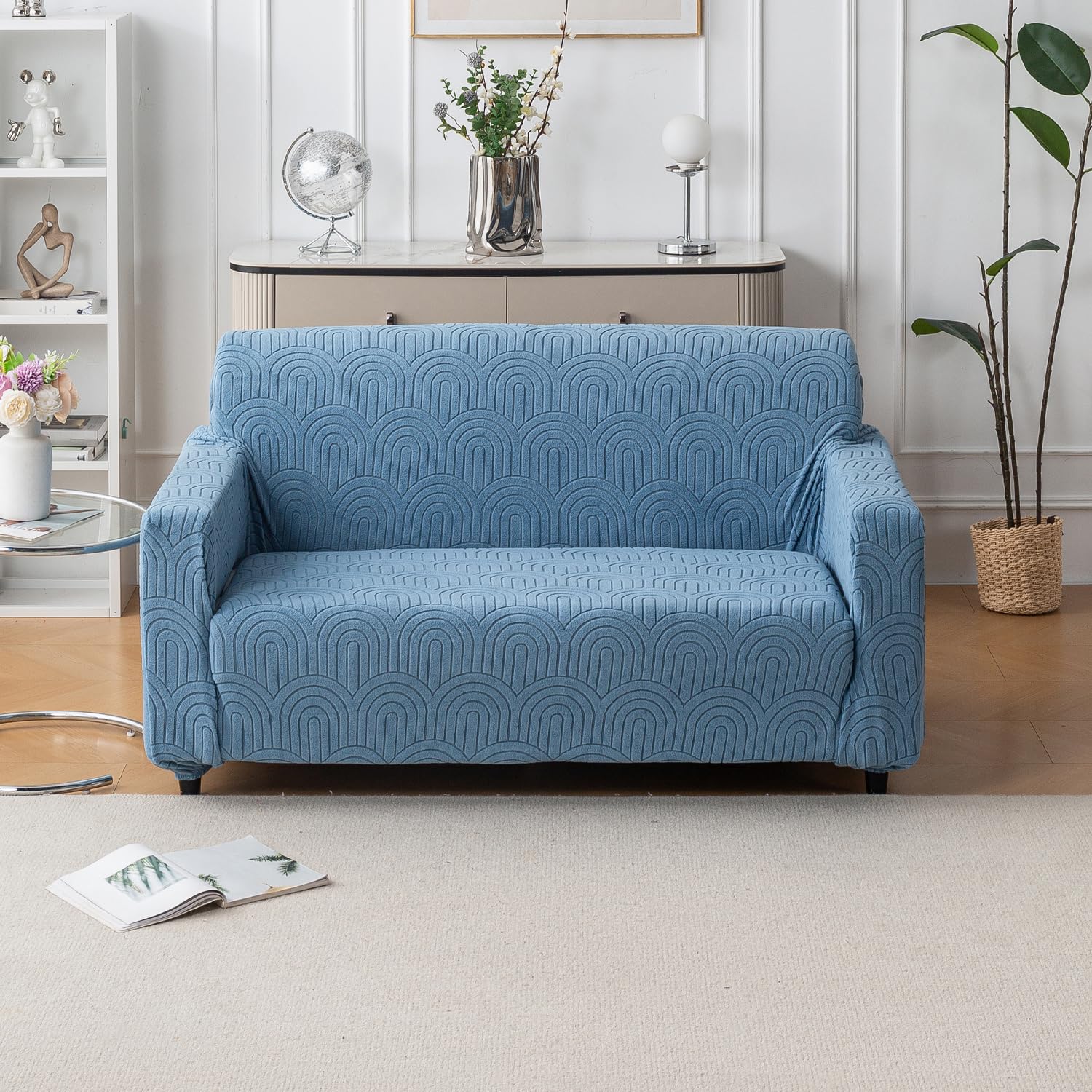 Premium Jacquard Fabric 220 GSM Sofa Cover – Soft, Stretchable (Light Blue)