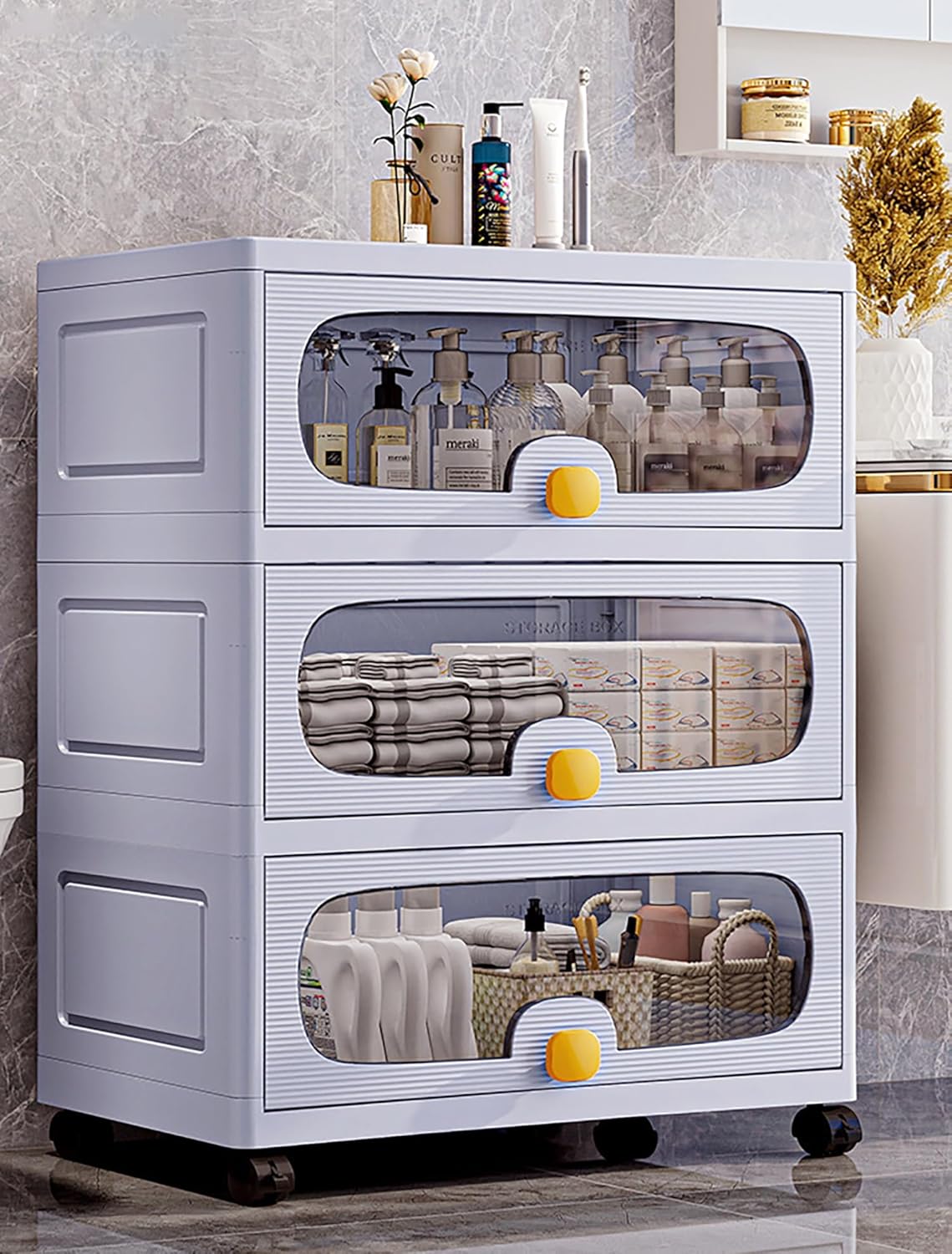Stackable Collapsible Storage Box Cabinet with Wheels & Flip Doors (Grey)