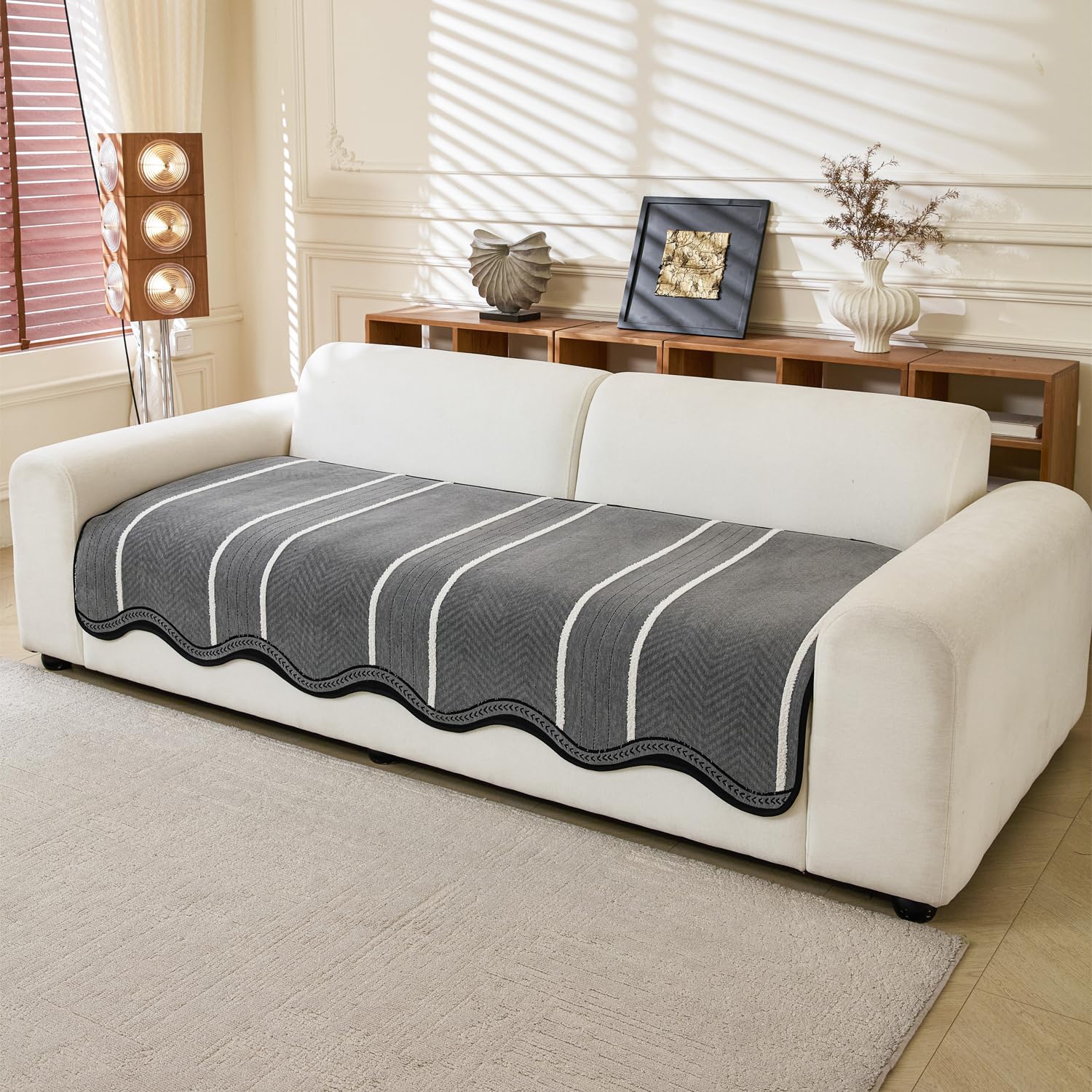 Loom Stripe Series Chenille Couch Cover Curved Edge Quilted Non-Slip Sofa Cover (Grey)
