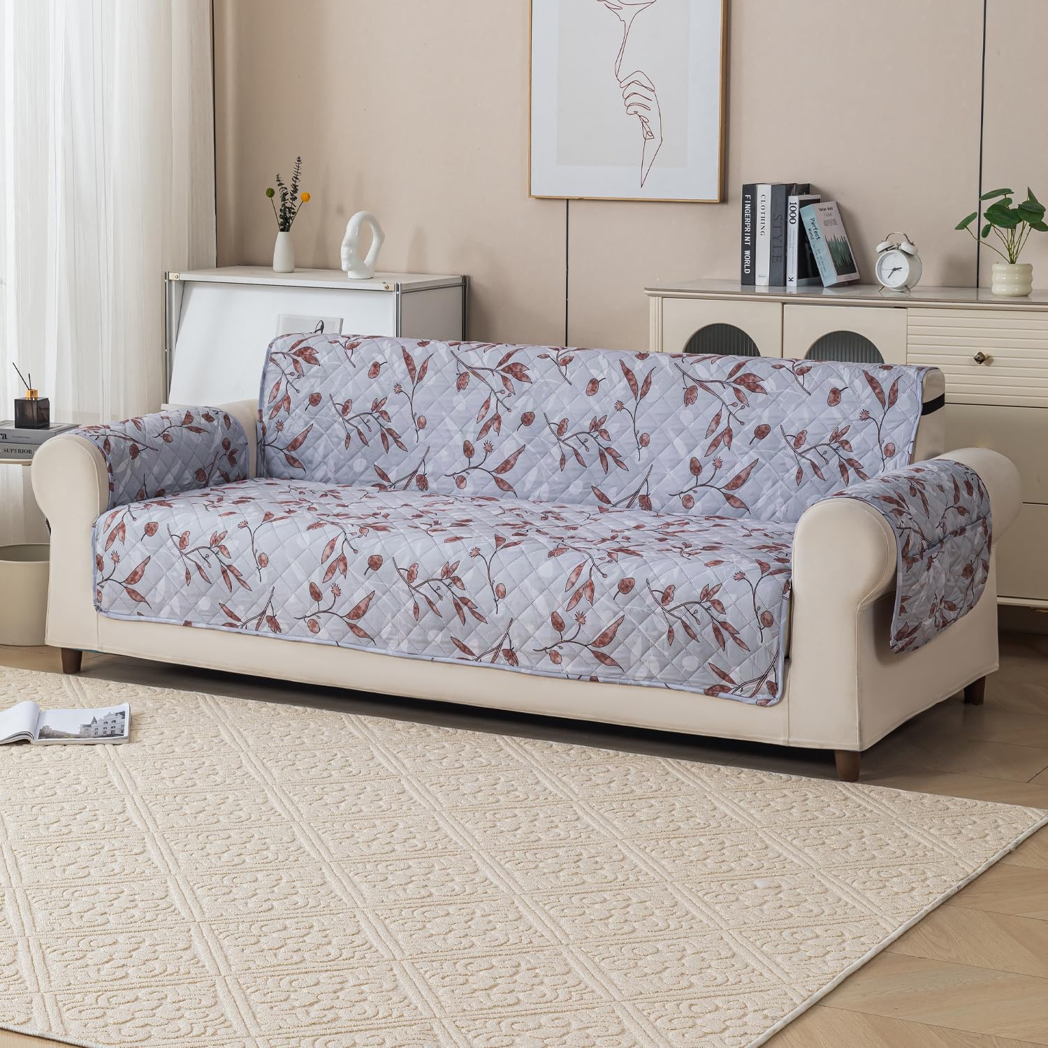 Gulnaar Series Anti-Slip Sofa Cover Mat with Pocket – Polyester Couch Protector(Hazel Bloom)
