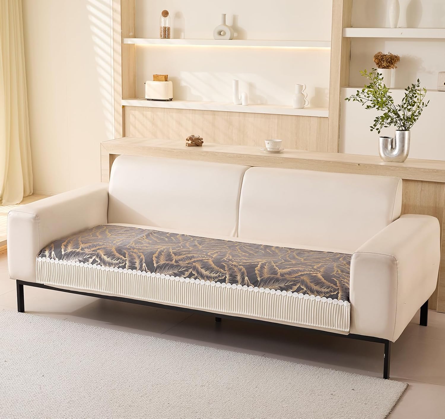 Leaf Pattern Chenille Fabric Sofa Cover Set – 3-Piece (2 Armrest Covers 50x70cm + 1 Seat Cover) Grey